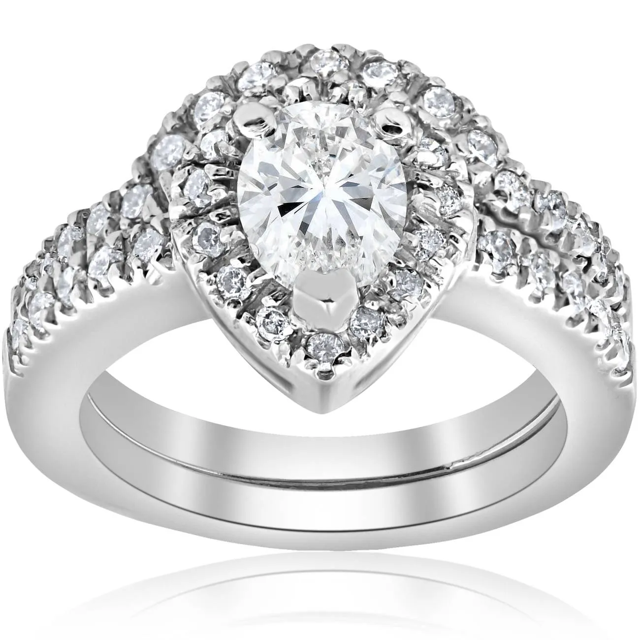 1 1/4ct Pear Shape Lab Grown Diamond Halo Wedding Engagement Set 14K White Gold