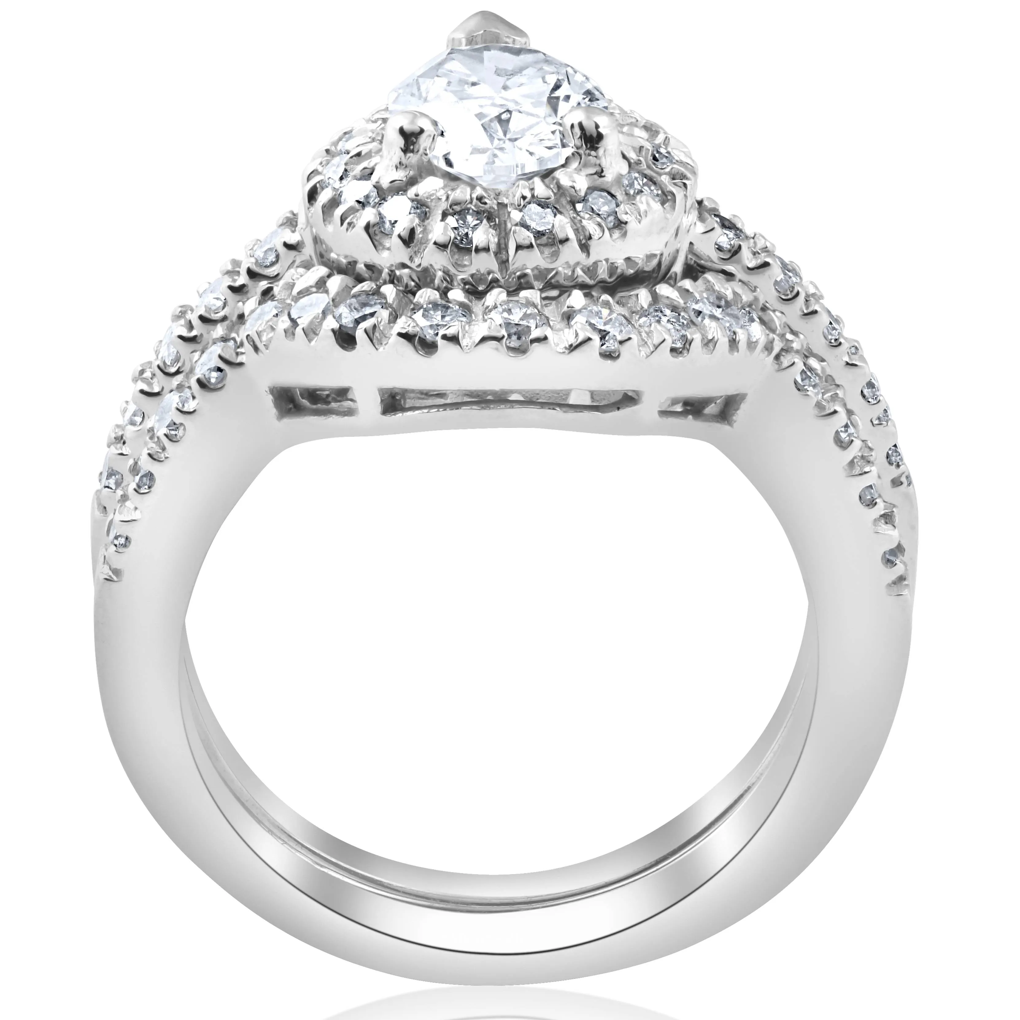 1 1/4ct Pear Shape Lab Grown Diamond Halo Wedding Engagement Set 14K White Gold