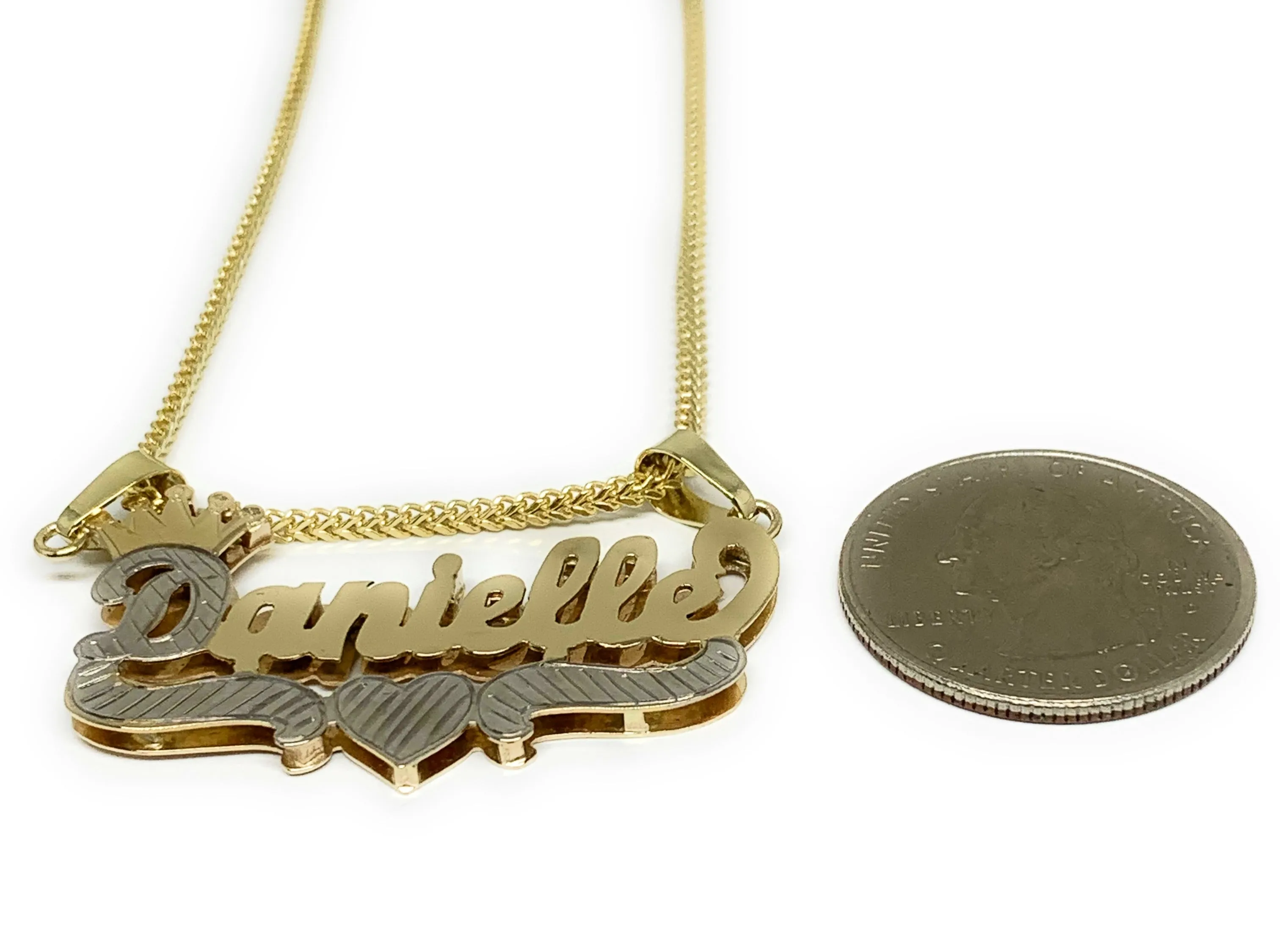 10k Solid Gold Yellow & White Custom CROWN CURSIVE WITH HEARTS 3D DOUBLE NAME ILLUSION  Nameplate Pendant Necklace with Chain Op