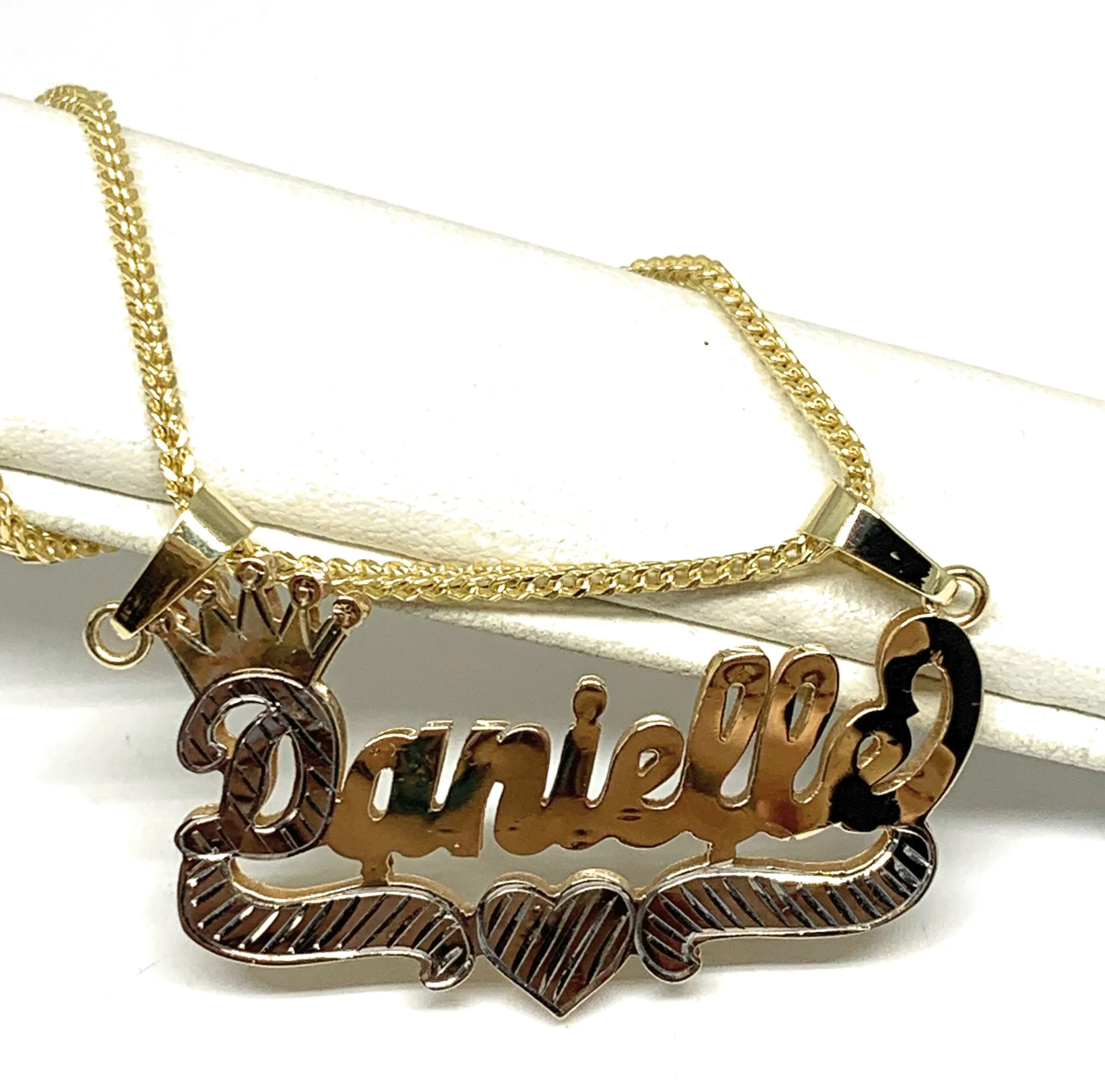 10k Solid Gold Yellow & White Custom CROWN CURSIVE WITH HEARTS 3D DOUBLE NAME ILLUSION  Nameplate Pendant Necklace with Chain Op