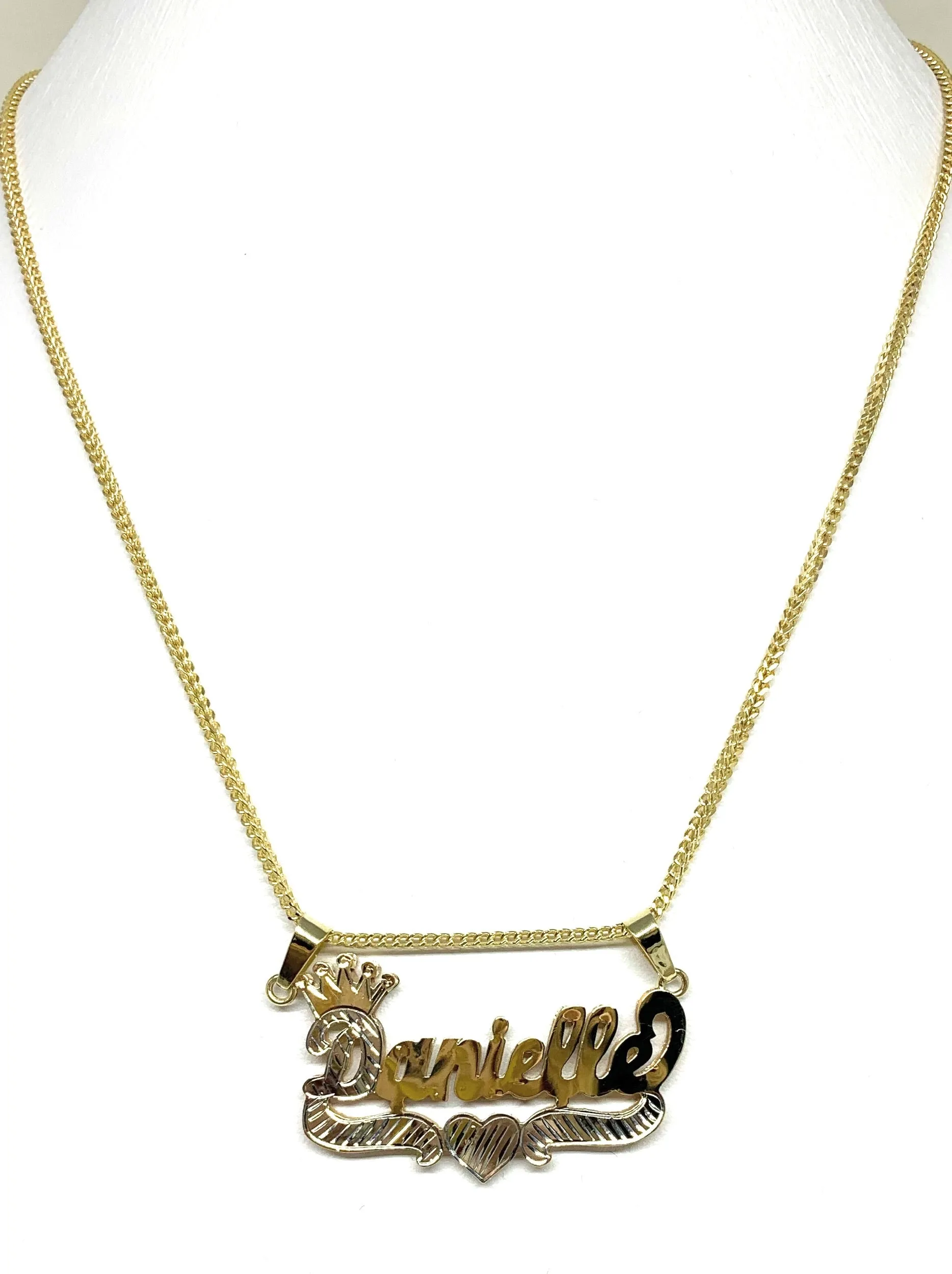 10k Solid Gold Yellow & White Custom CROWN CURSIVE WITH HEARTS 3D DOUBLE NAME ILLUSION  Nameplate Pendant Necklace with Chain Op