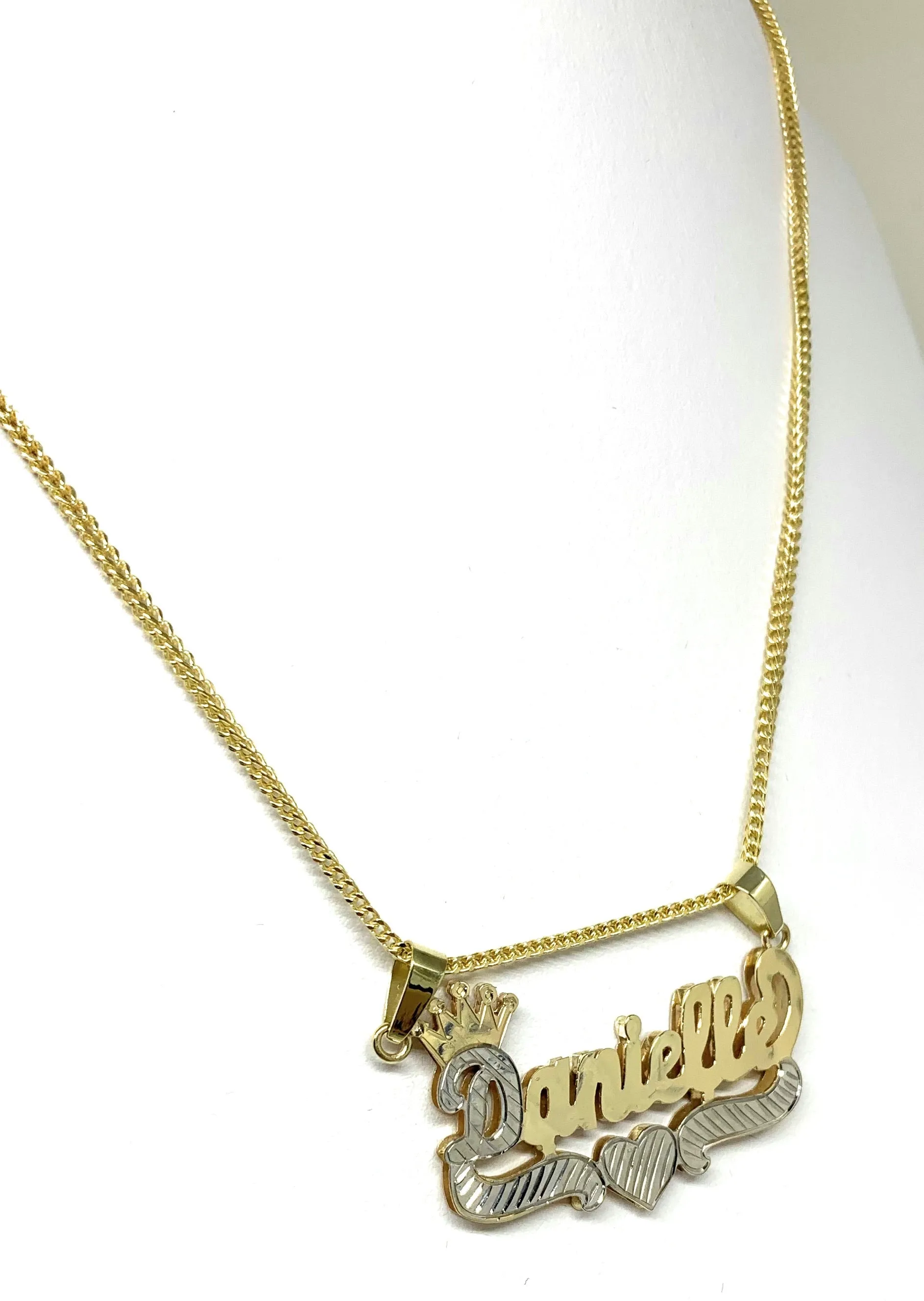 10k Solid Gold Yellow & White Custom CROWN CURSIVE WITH HEARTS 3D DOUBLE NAME ILLUSION  Nameplate Pendant Necklace with Chain Op