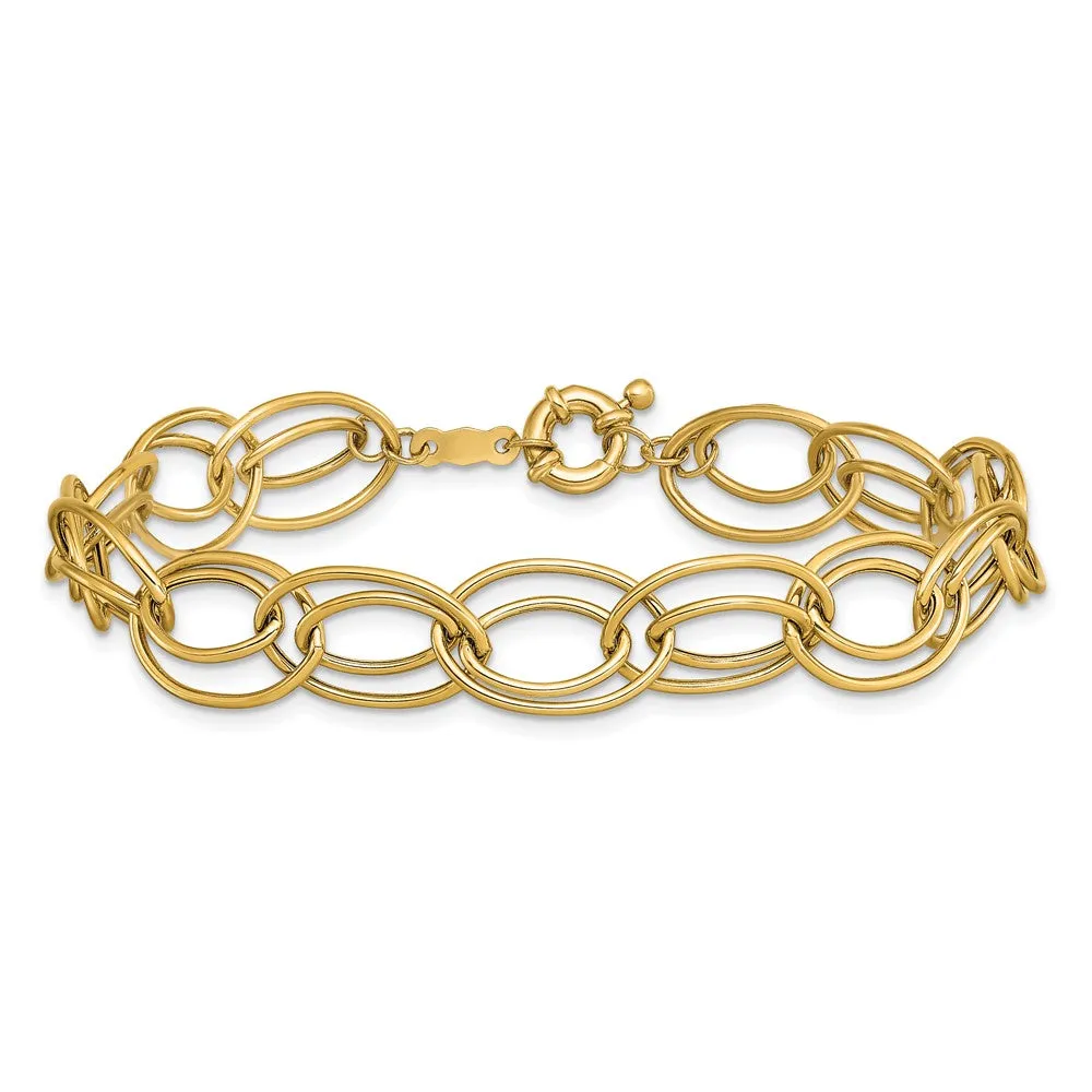 10mm 14K Yellow Gold Hollow Fancy Double Oval Chain Bracelet, 7.5 Inch