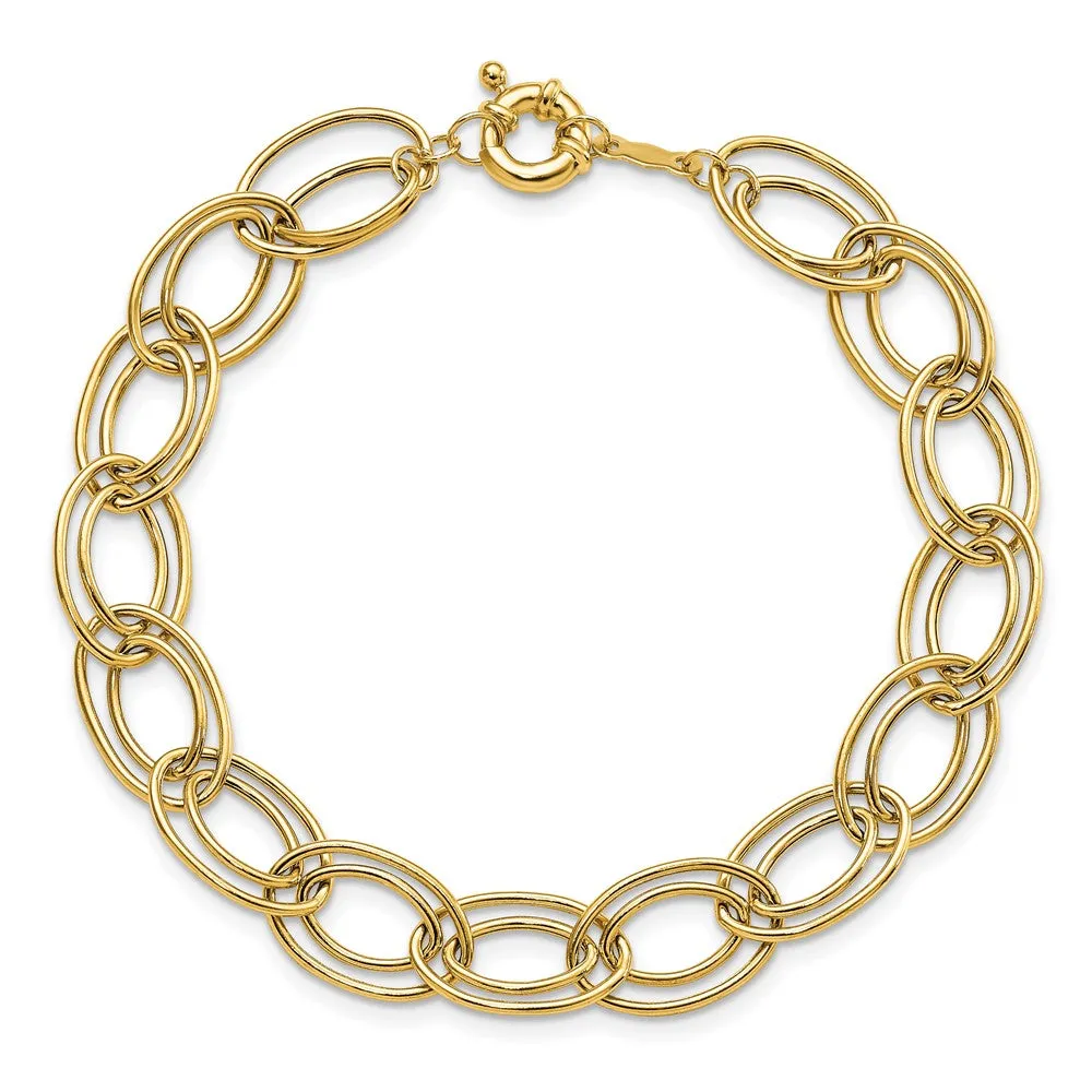 10mm 14K Yellow Gold Hollow Fancy Double Oval Chain Bracelet, 7.5 Inch