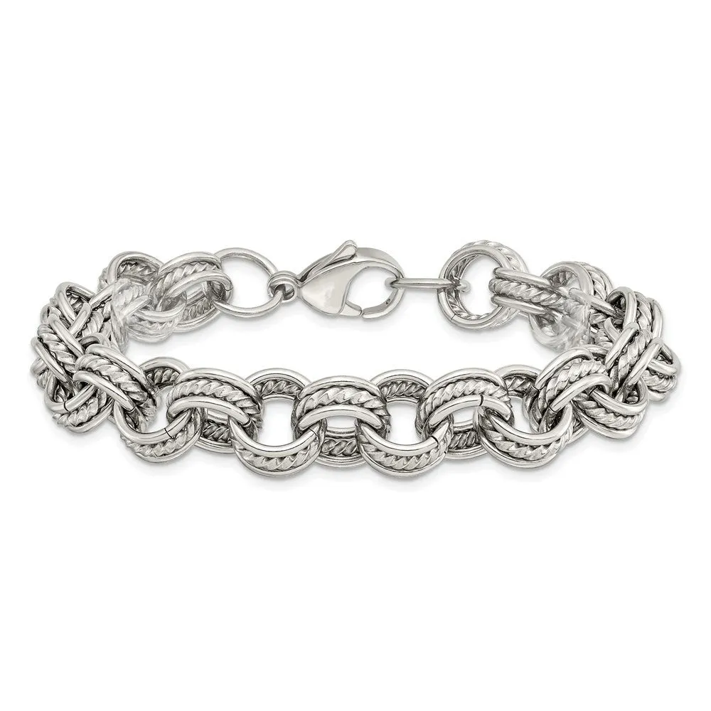 11mm Stainless Steel Fancy Triple Cable Chain Bracelet, 7.75 Inch