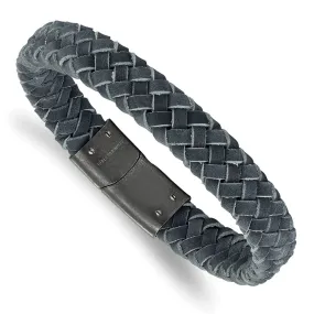 12mm Antiqued Stainless Steel Gray Leather Braided Bracelet, 8.5 Inch