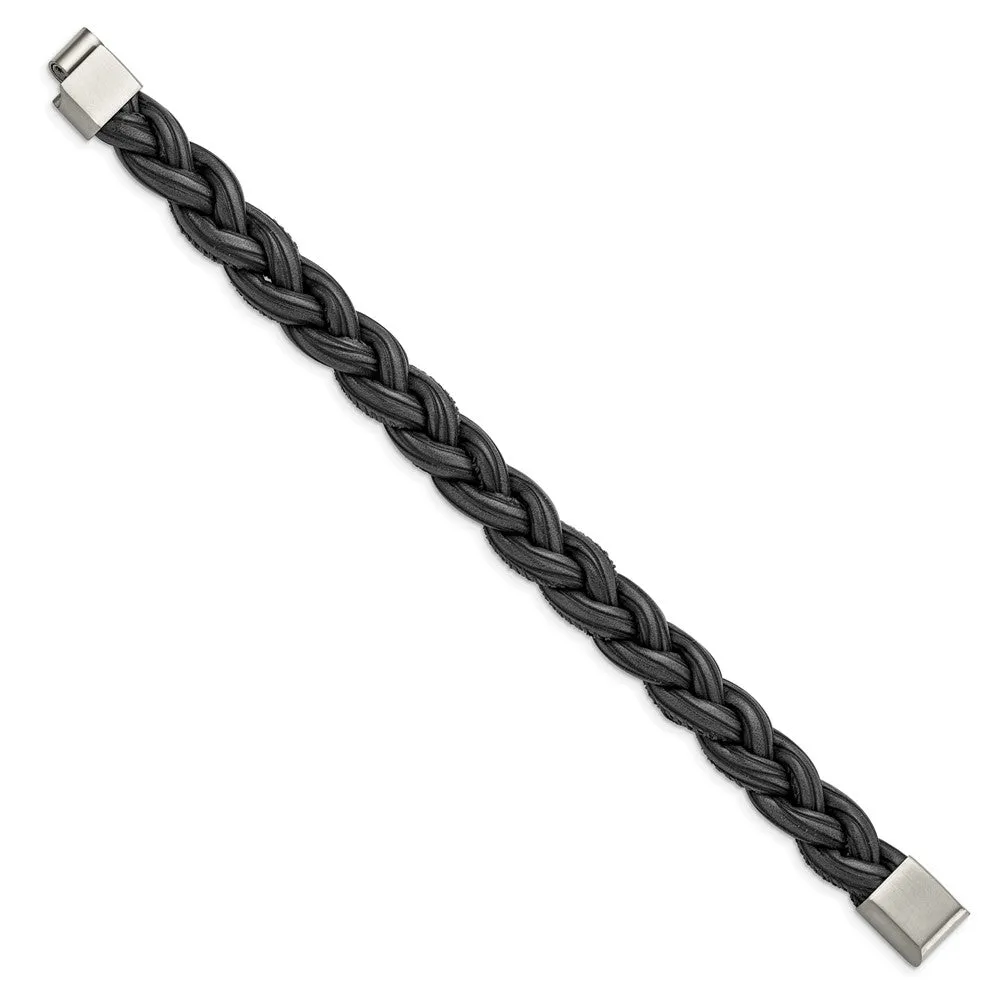 12mm Stainless Steel Black & Gray Braided Leather Bracelet, 8.25 Inch