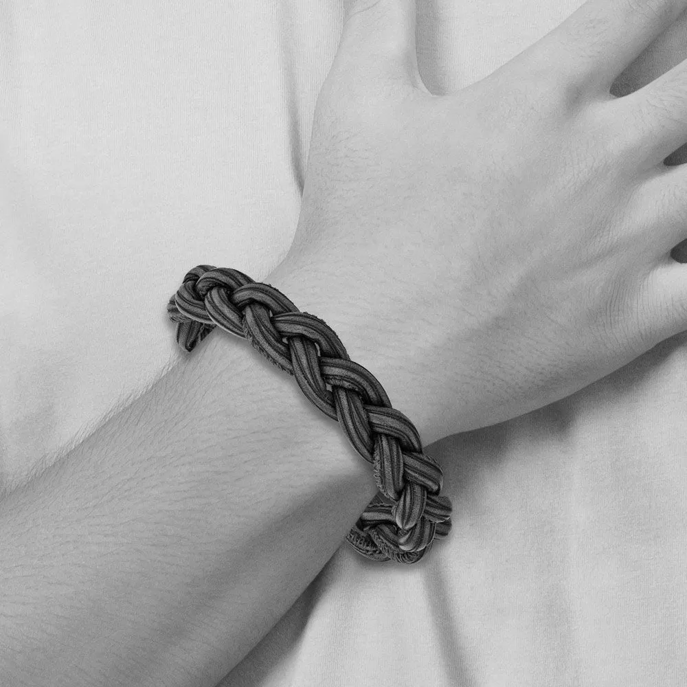 12mm Stainless Steel Black & Gray Braided Leather Bracelet, 8.25 Inch