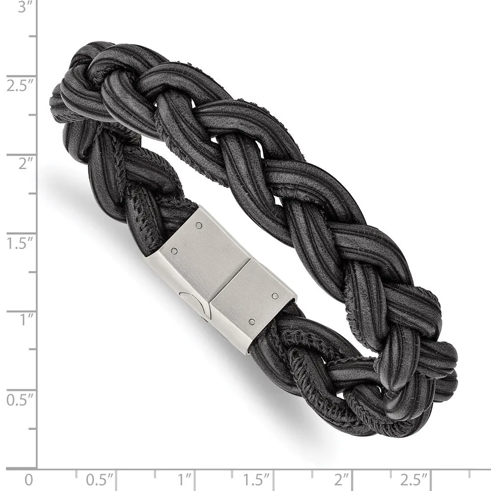 12mm Stainless Steel Black & Gray Braided Leather Bracelet, 8.25 Inch