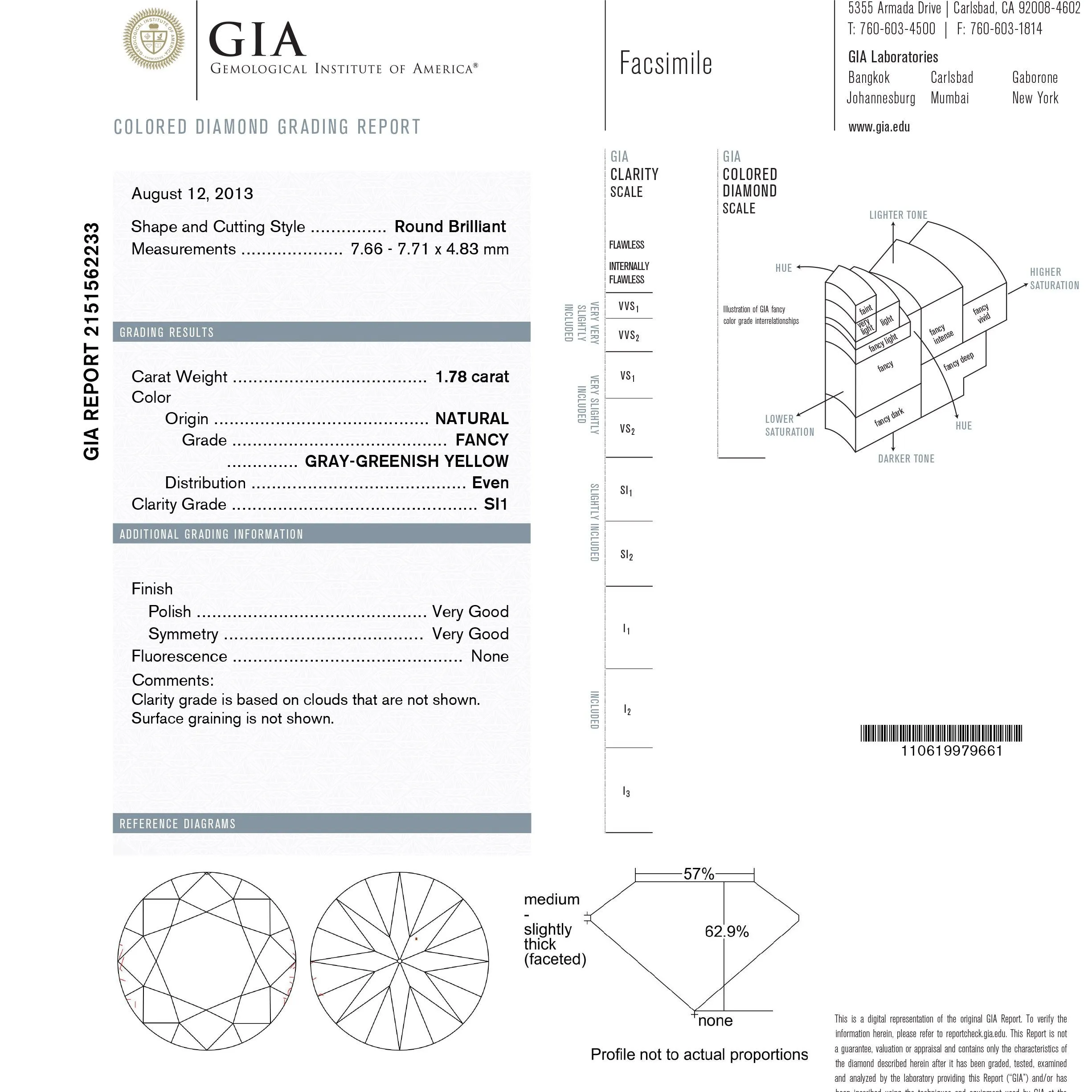 1.78ct 7.66x7.71x4.83mm GIA SI1 Fancy Grey-Greenish Yellow Round Brilliant 18298-01 hold d1122