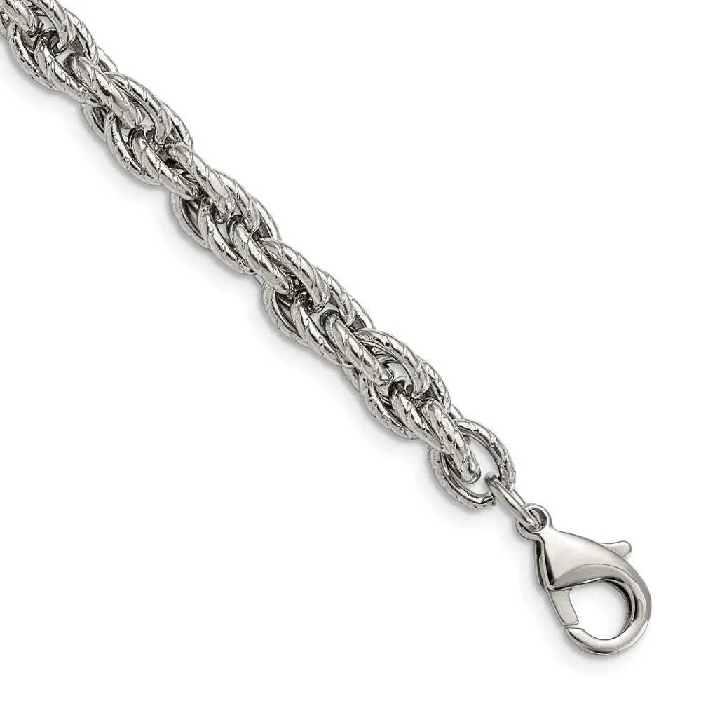 7.5mm Stainless Steel Textured Fancy Loose Rope Chain Bracelet, 8 Inch