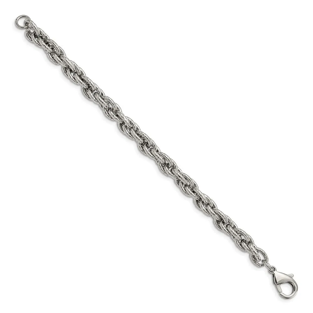 7.5mm Stainless Steel Textured Fancy Loose Rope Chain Bracelet, 8 Inch