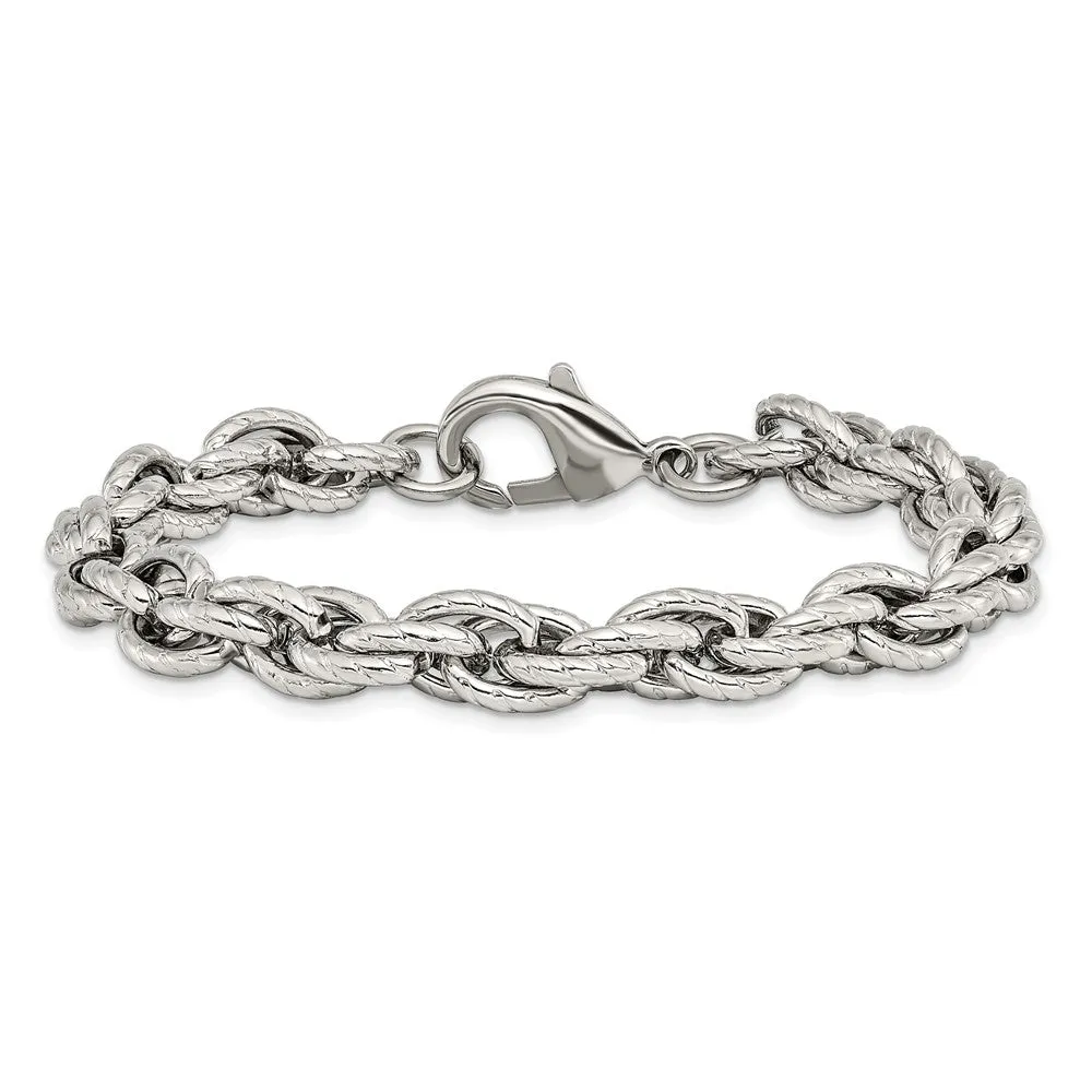 7.5mm Stainless Steel Textured Fancy Loose Rope Chain Bracelet, 8 Inch