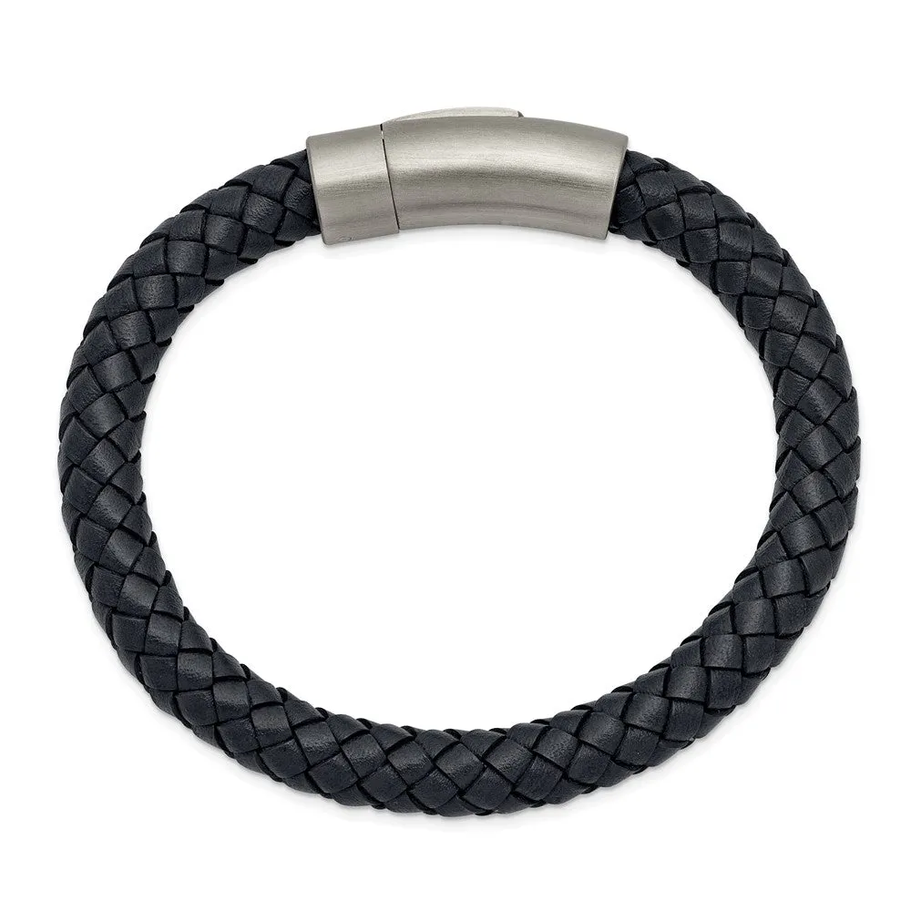 7.8mm Stainless Steel Dark Gray Leather Braided Bracelet, 8.25 Inch