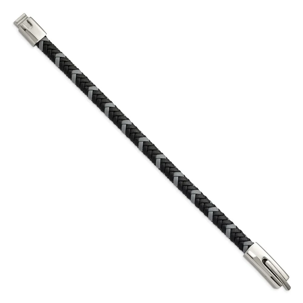 7mm Stainless Steel, Black & Gray Braided Leather Bracelet, 8 Inch