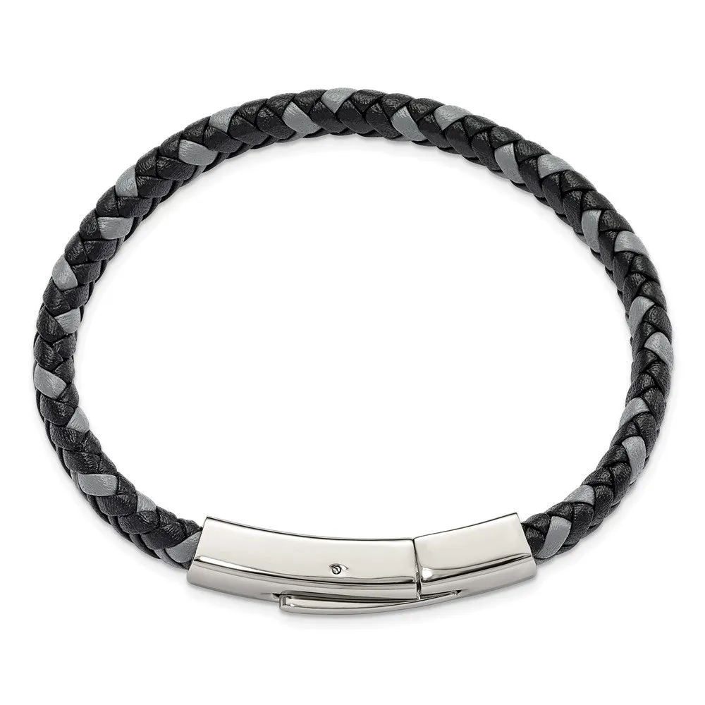 7mm Stainless Steel, Black & Gray Braided Leather Bracelet, 8 Inch