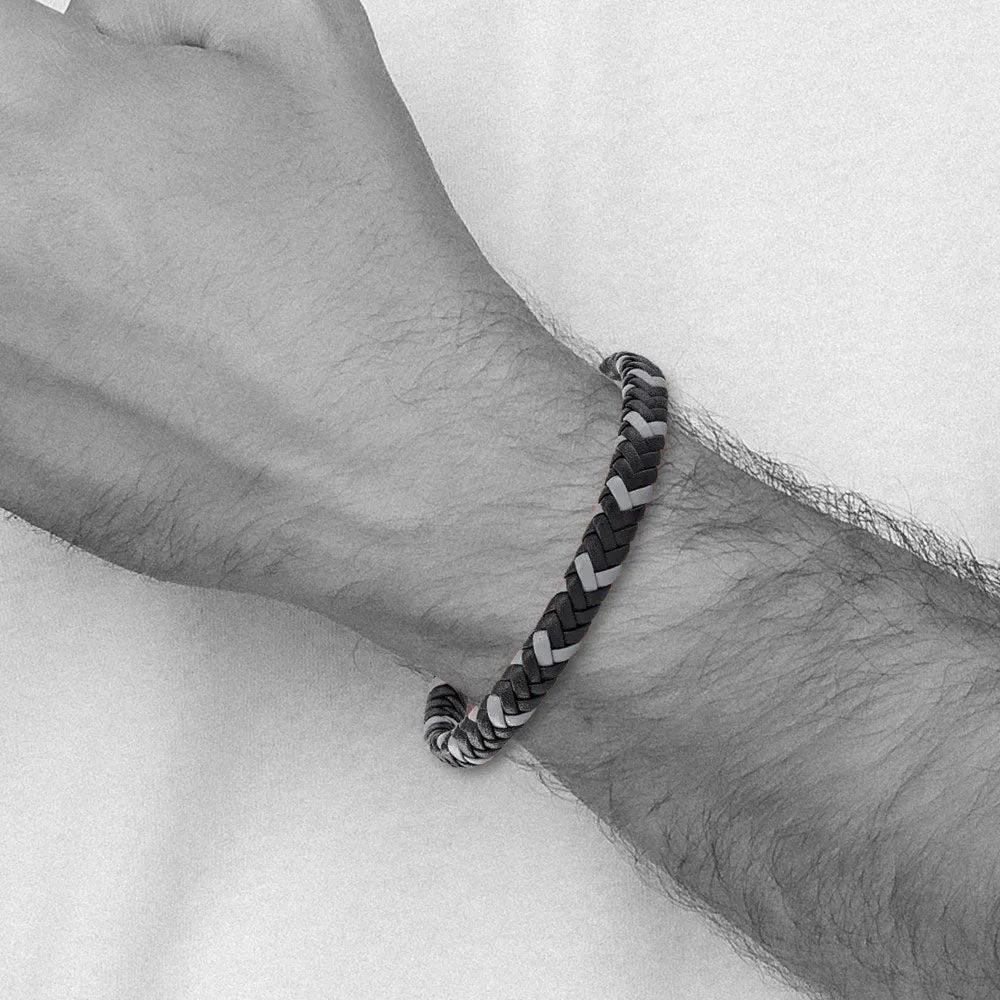 7mm Stainless Steel, Black & Gray Braided Leather Bracelet, 8 Inch