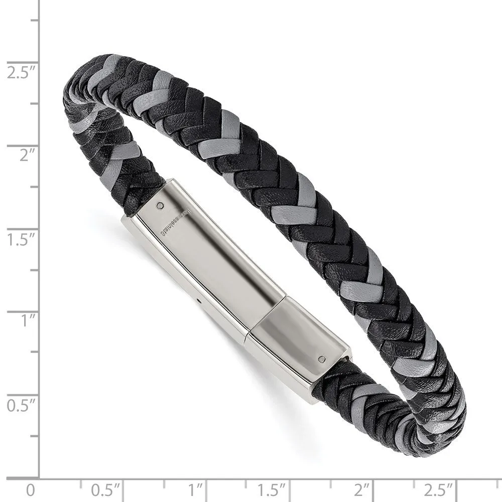 7mm Stainless Steel, Black & Gray Braided Leather Bracelet, 8 Inch