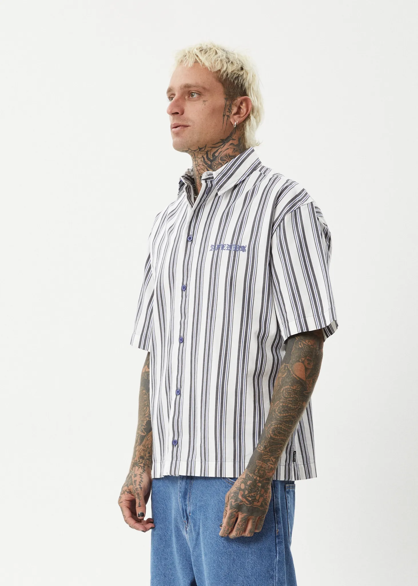 AFENDS Mens Lined Up - Short Sleeve Shirt - White Stripe