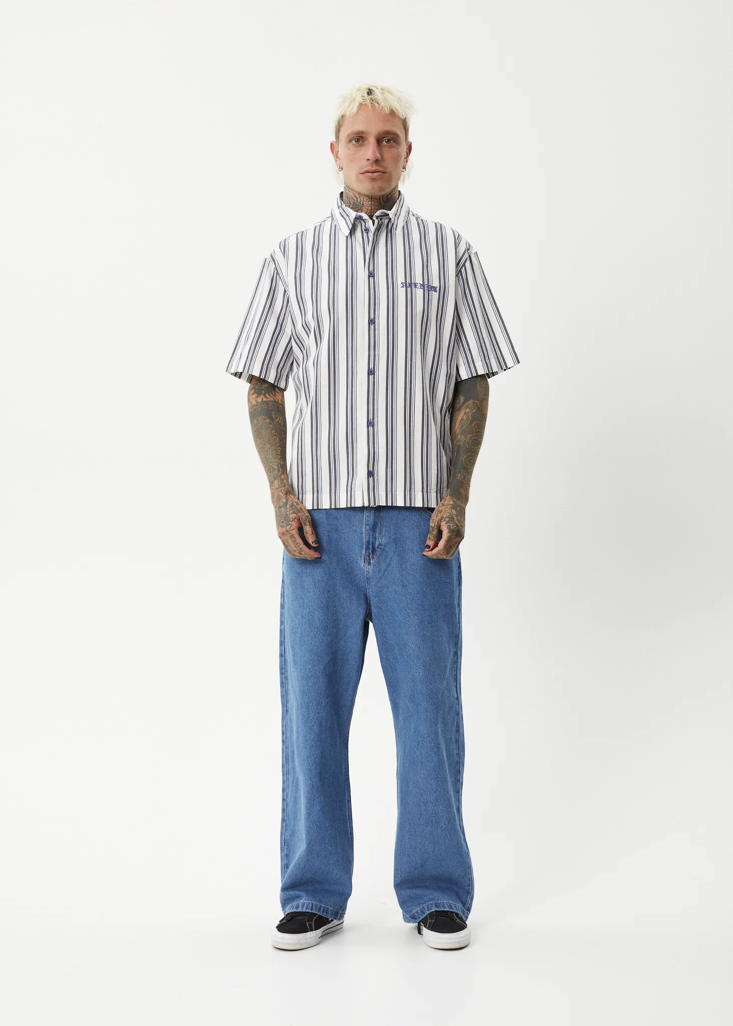 AFENDS Mens Lined Up - Short Sleeve Shirt - White Stripe