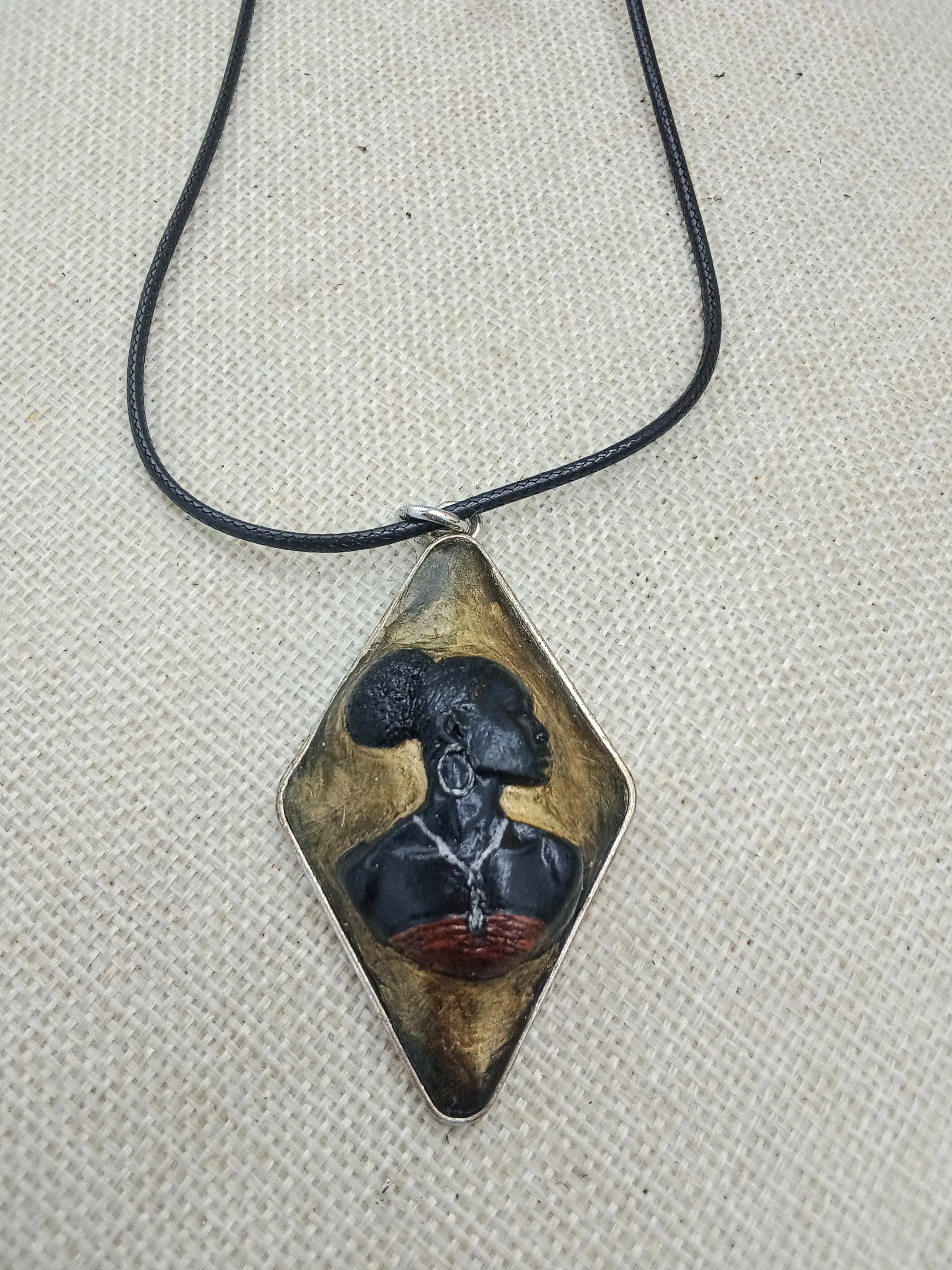 African Women Black Pendant Handmade Painted Gold Jewelry Gift for Her