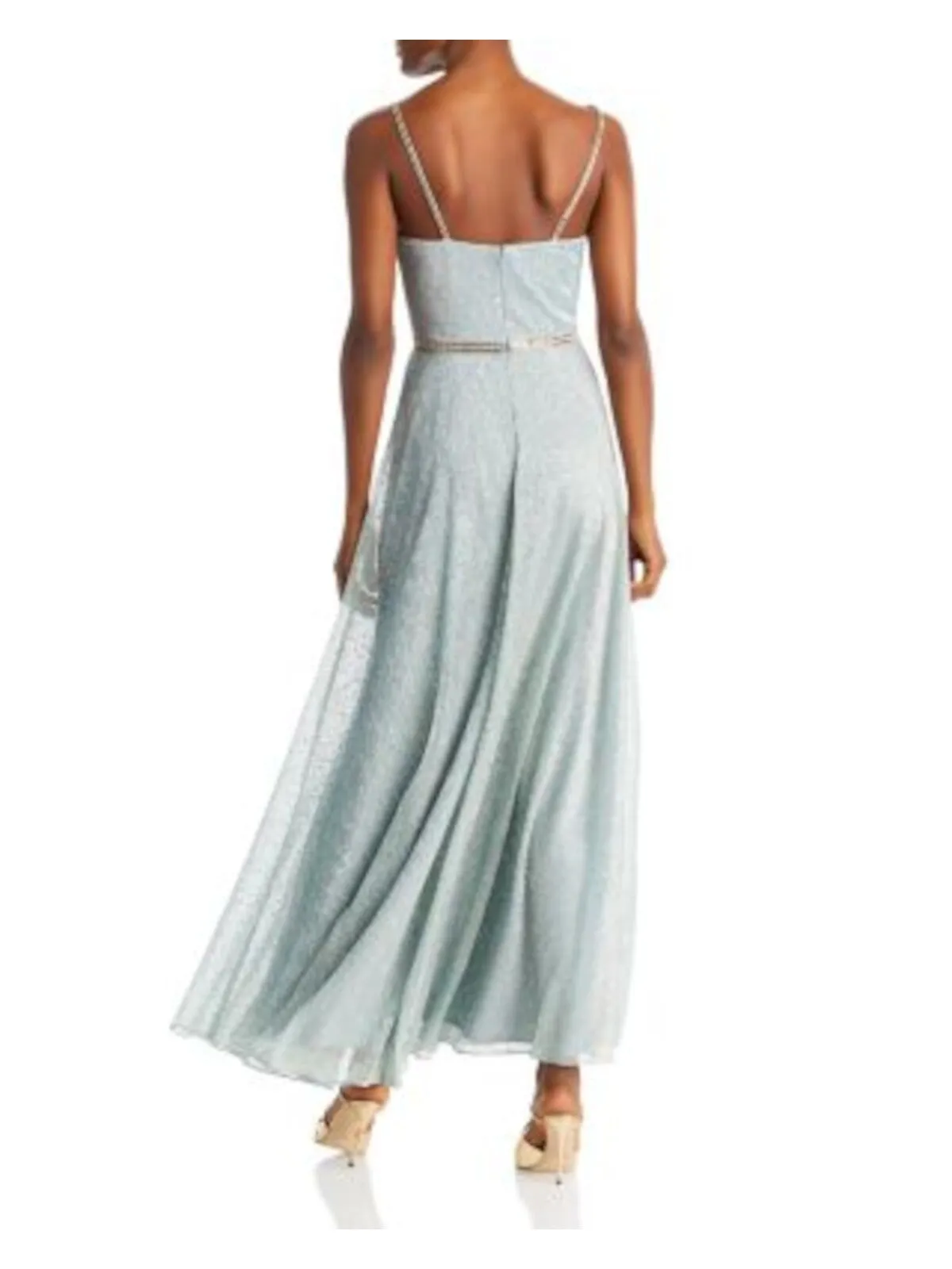 AQUA FORMAL Womens Light Blue Embellished Zippered Pleated Shirred Flare Skirt Sleeveless V Neck Full-Length Formal Gown Dress