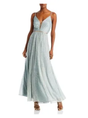 AQUA FORMAL Womens Light Blue Embellished Zippered Pleated Shirred Flare Skirt Sleeveless V Neck Full-Length Formal Gown Dress