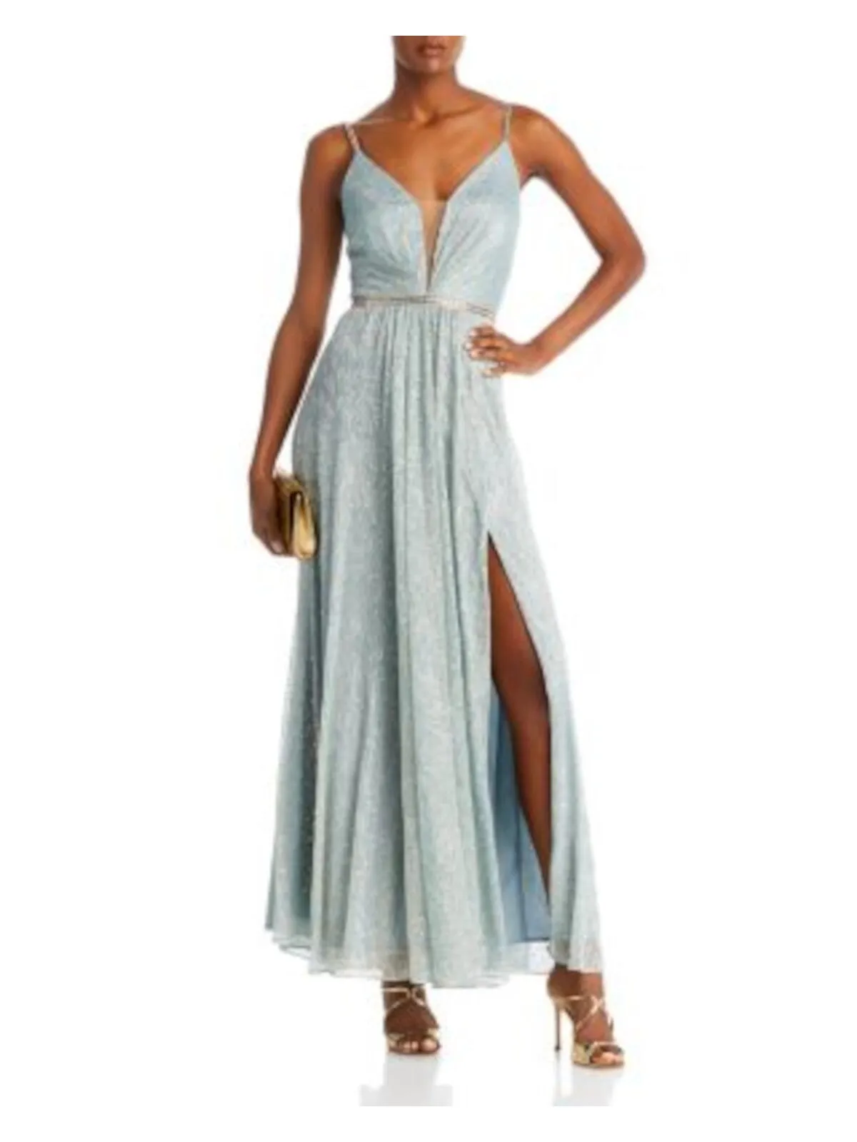 AQUA FORMAL Womens Light Blue Embellished Zippered Pleated Shirred Flare Skirt Sleeveless V Neck Full-Length Formal Gown Dress