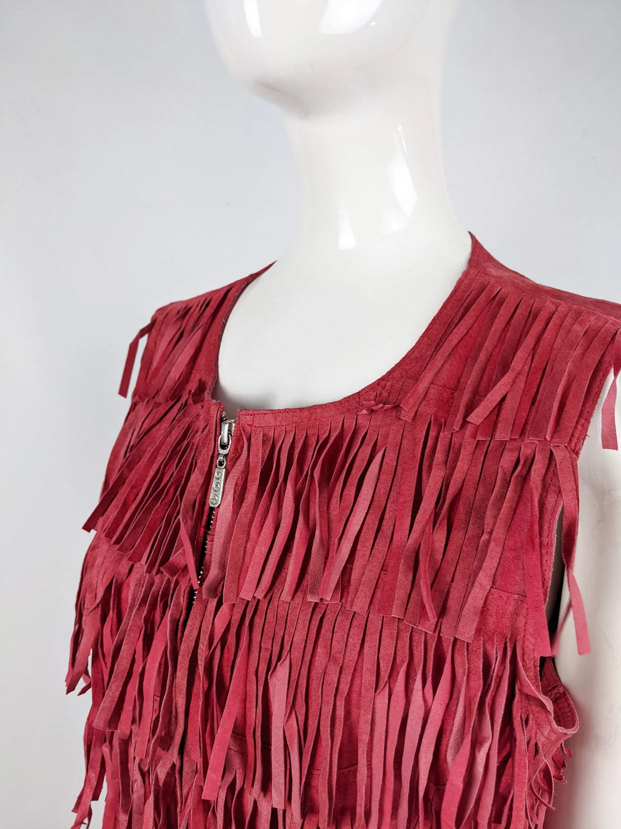 Berek Vintage Red Suede Fringed Sleeveless Jacket, 1990s