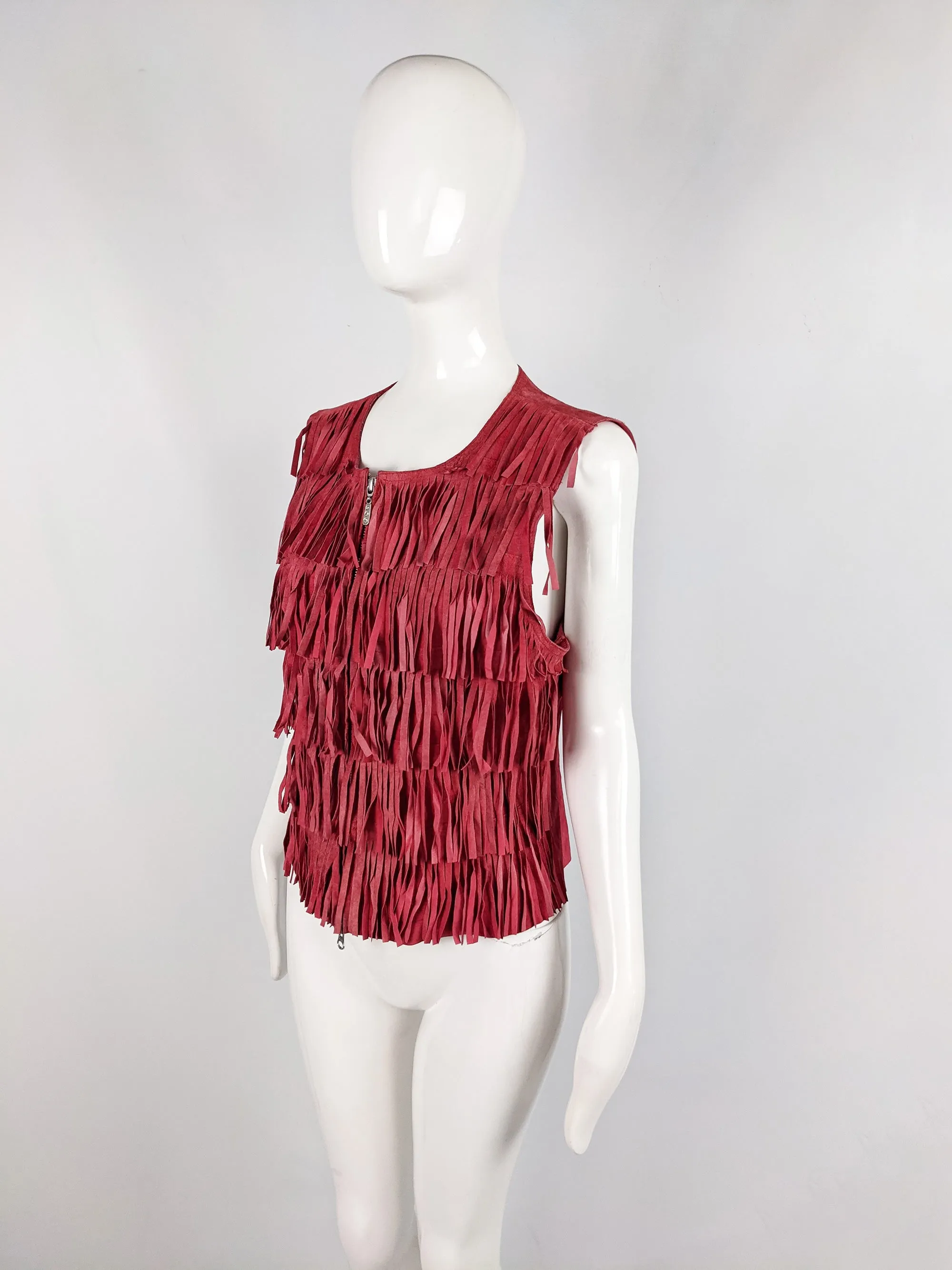 Berek Vintage Red Suede Fringed Sleeveless Jacket, 1990s