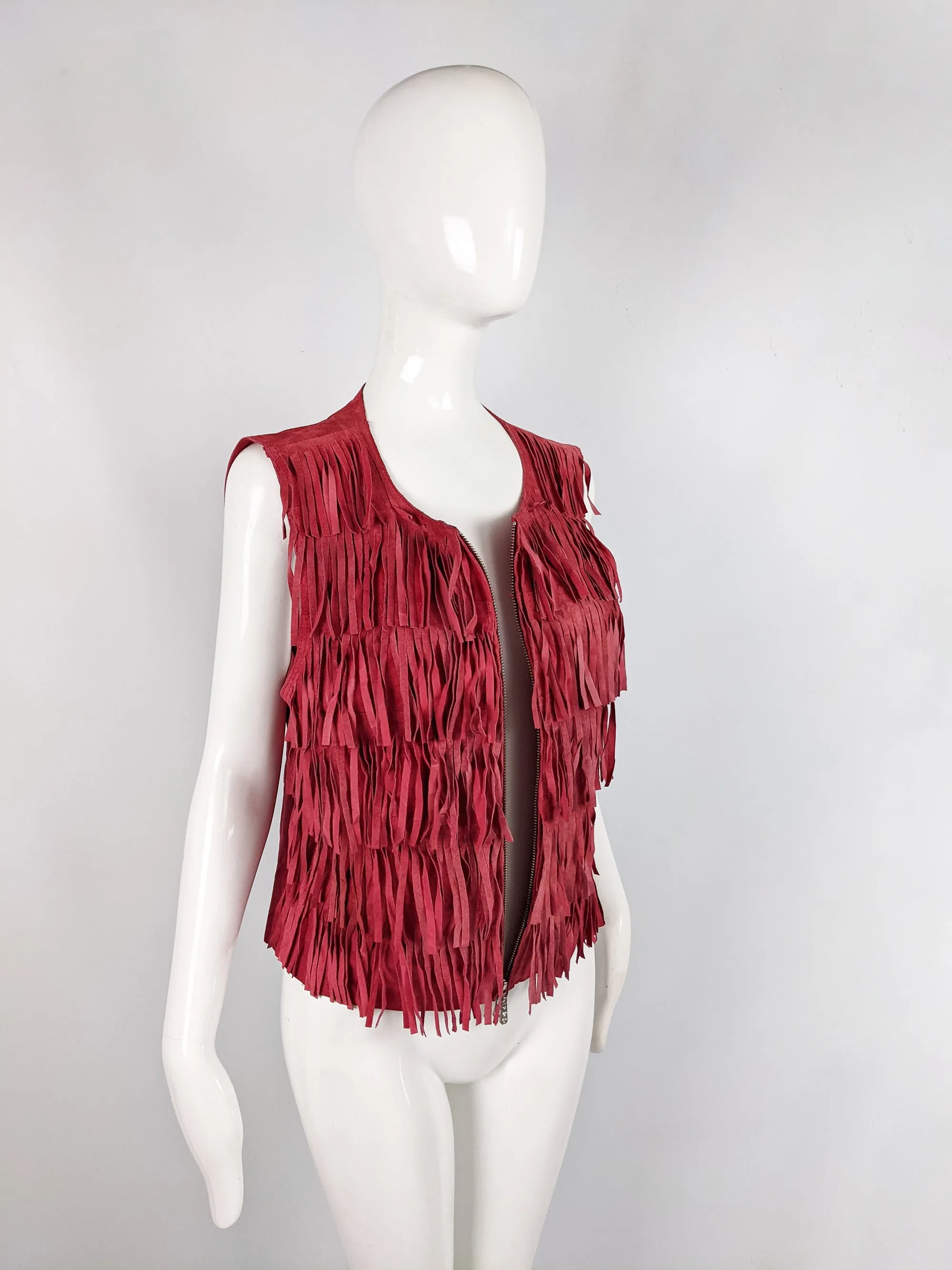 Berek Vintage Red Suede Fringed Sleeveless Jacket, 1990s