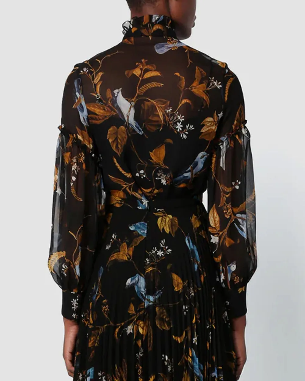 Black Cecilia Birds Full Sleeve Ruffle Blouse