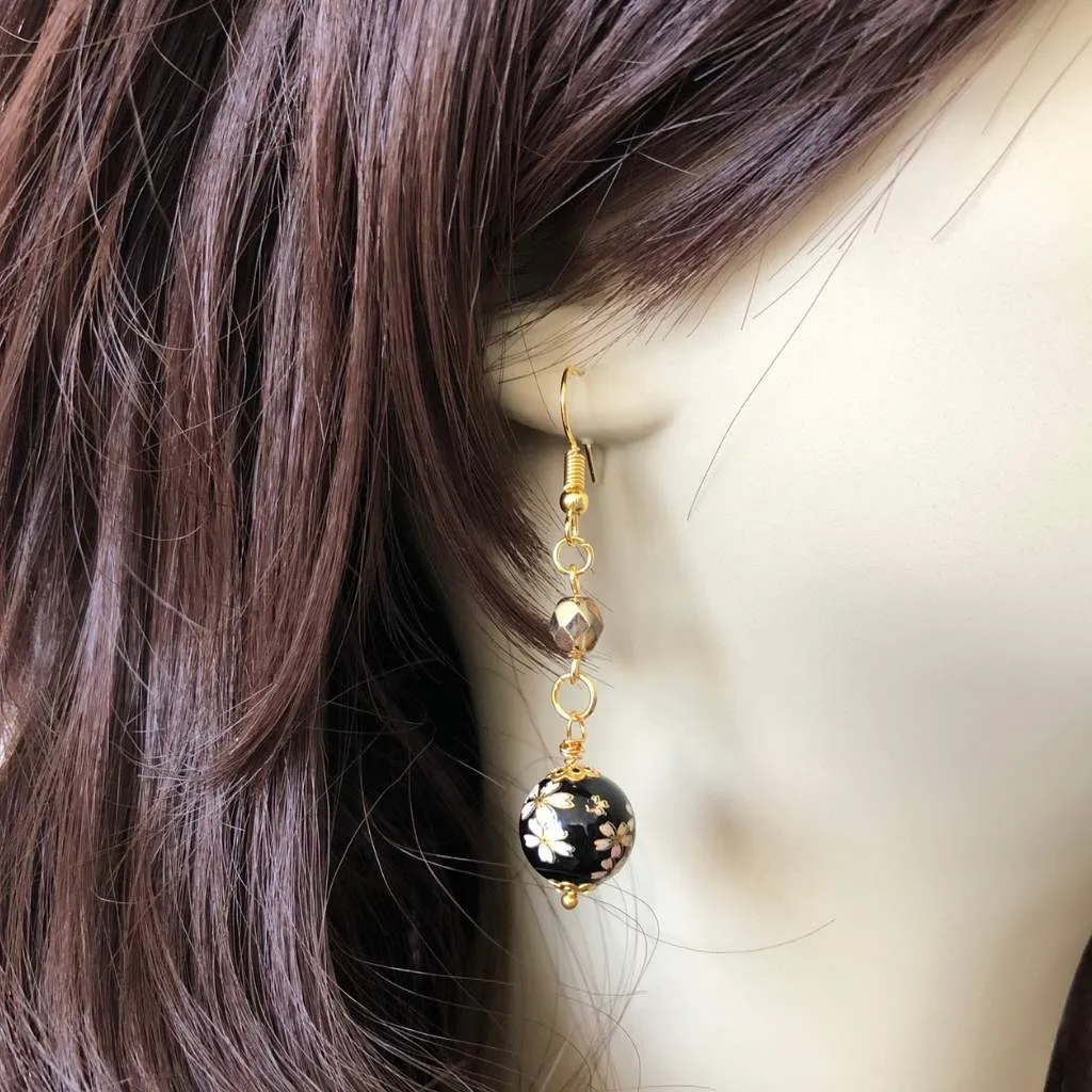 Black Glass Beaded Flower Dangle Earrings