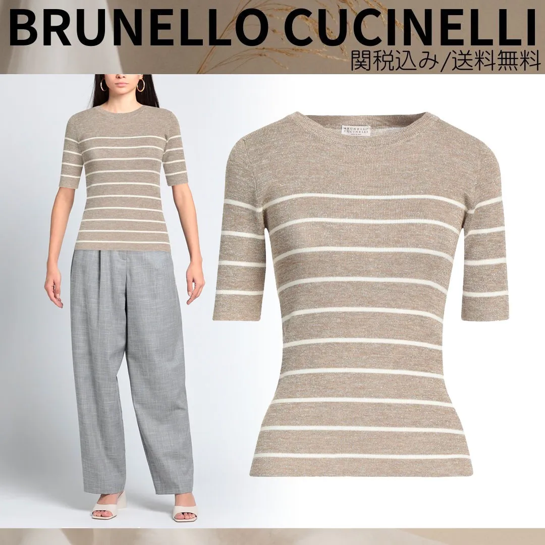 BRUNELLO CUCINELLI  |Crew Neck Stripes Casual Style Nylon Linen Cotton