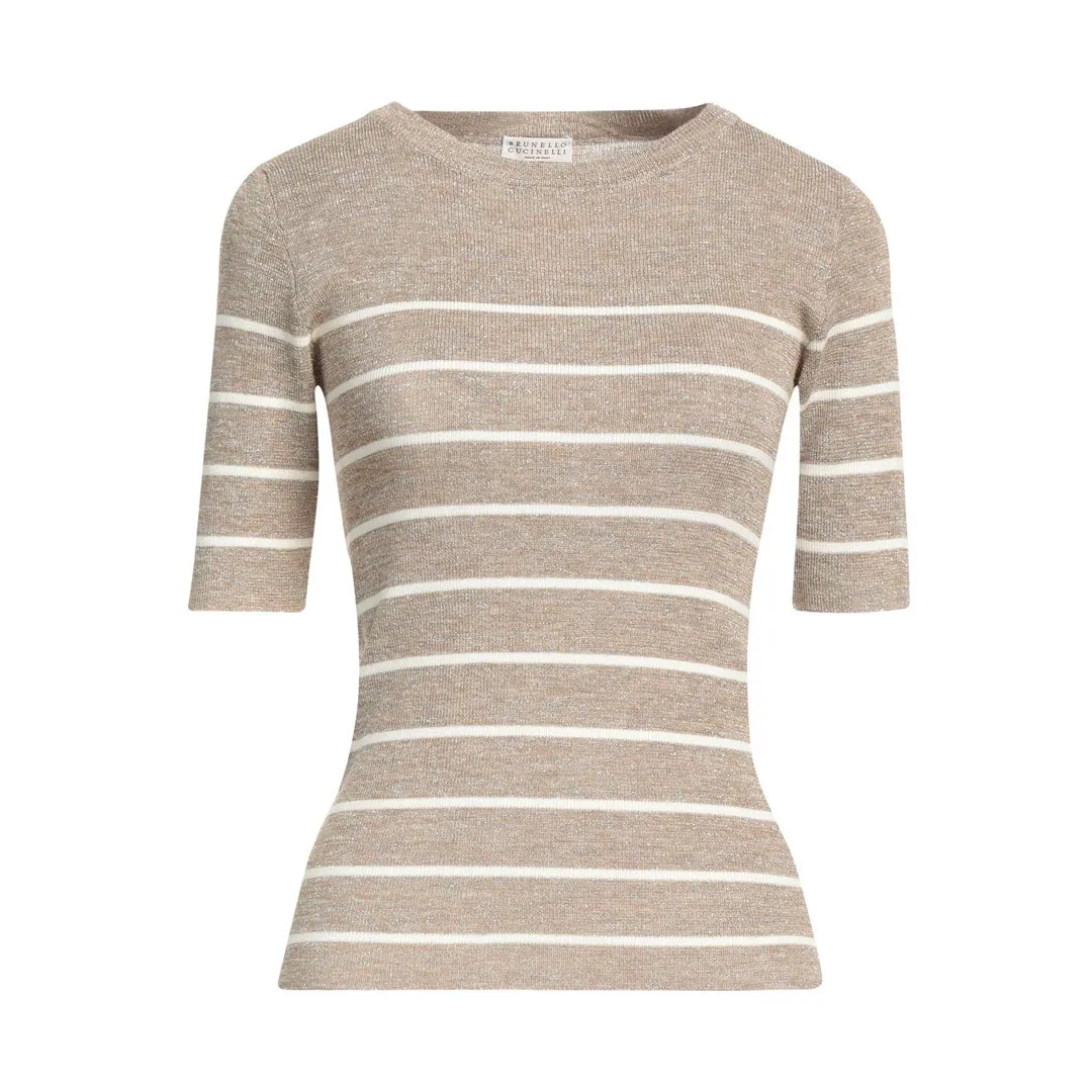 BRUNELLO CUCINELLI  |Crew Neck Stripes Casual Style Nylon Linen Cotton