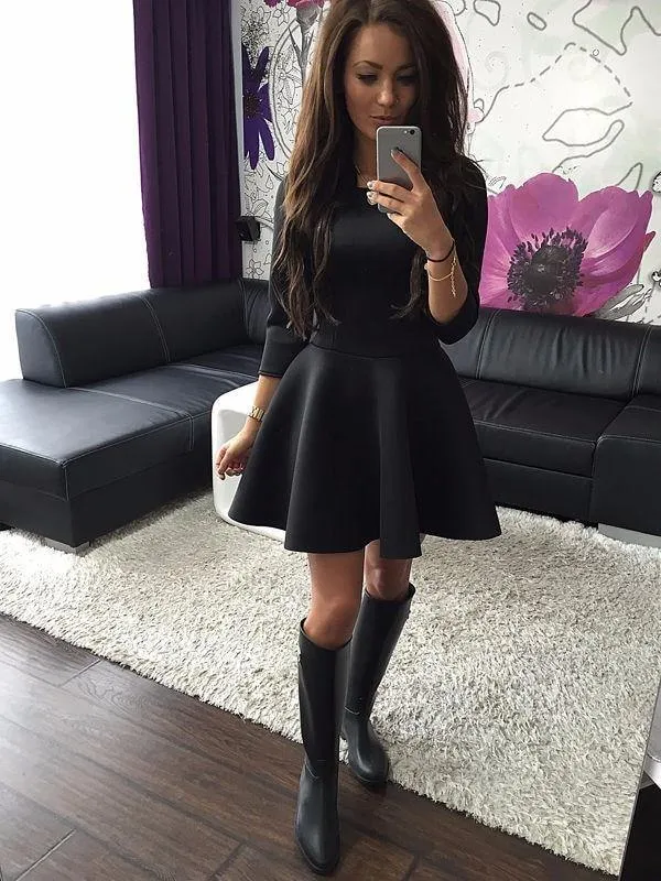 Casual Three Quarter Sleeve Mini Dress With O-Neck Autumn