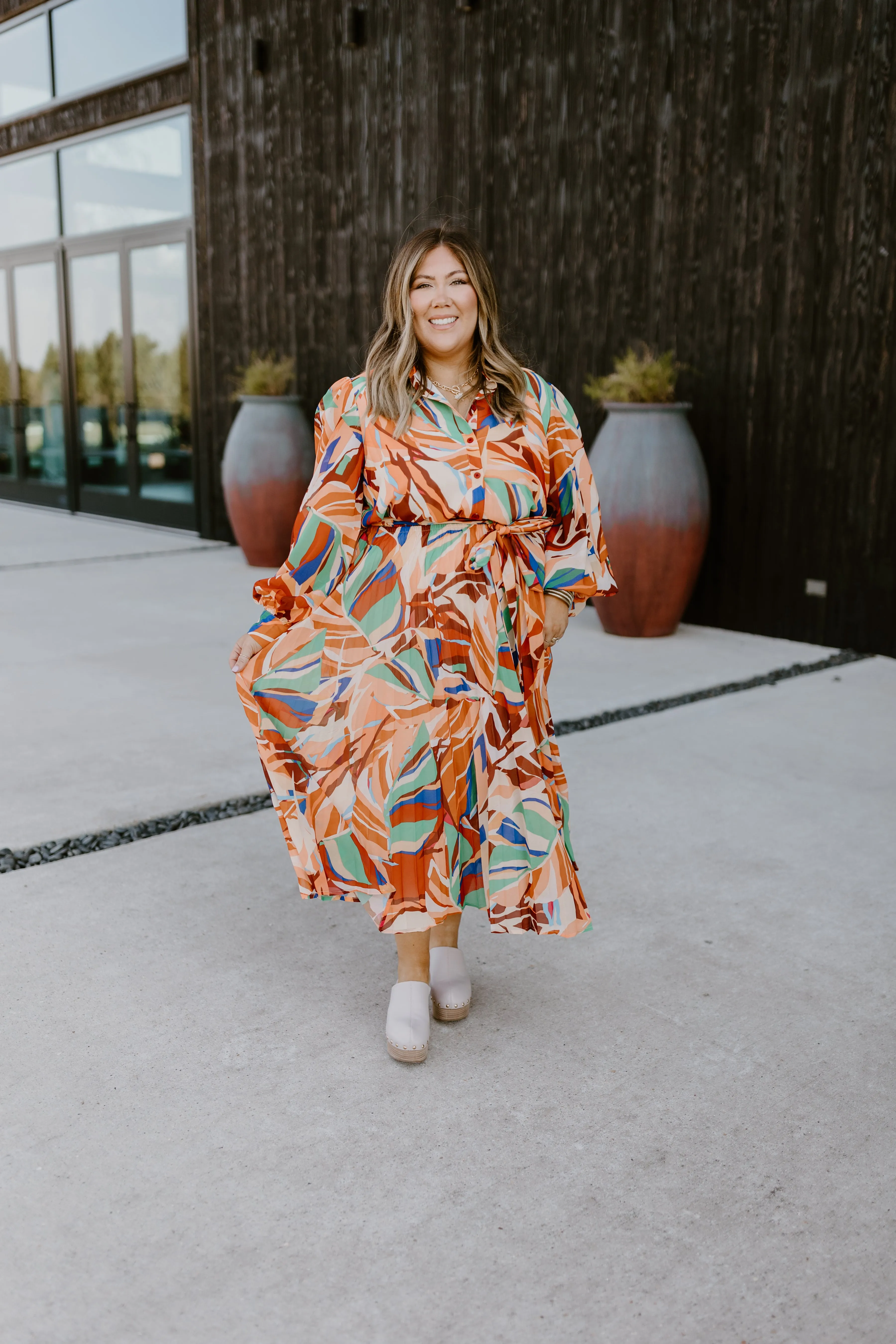 Cognac Green Printed Button Down Collared Midi Dress