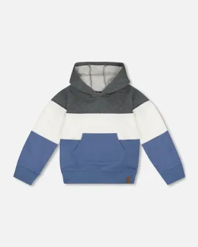 Colorblock Hooded Fleece Sweatshirt Gray, White And Blue