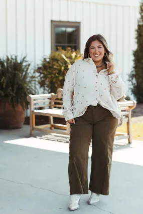 Cream Daisy Embroidered Gauze Button Down Shirt