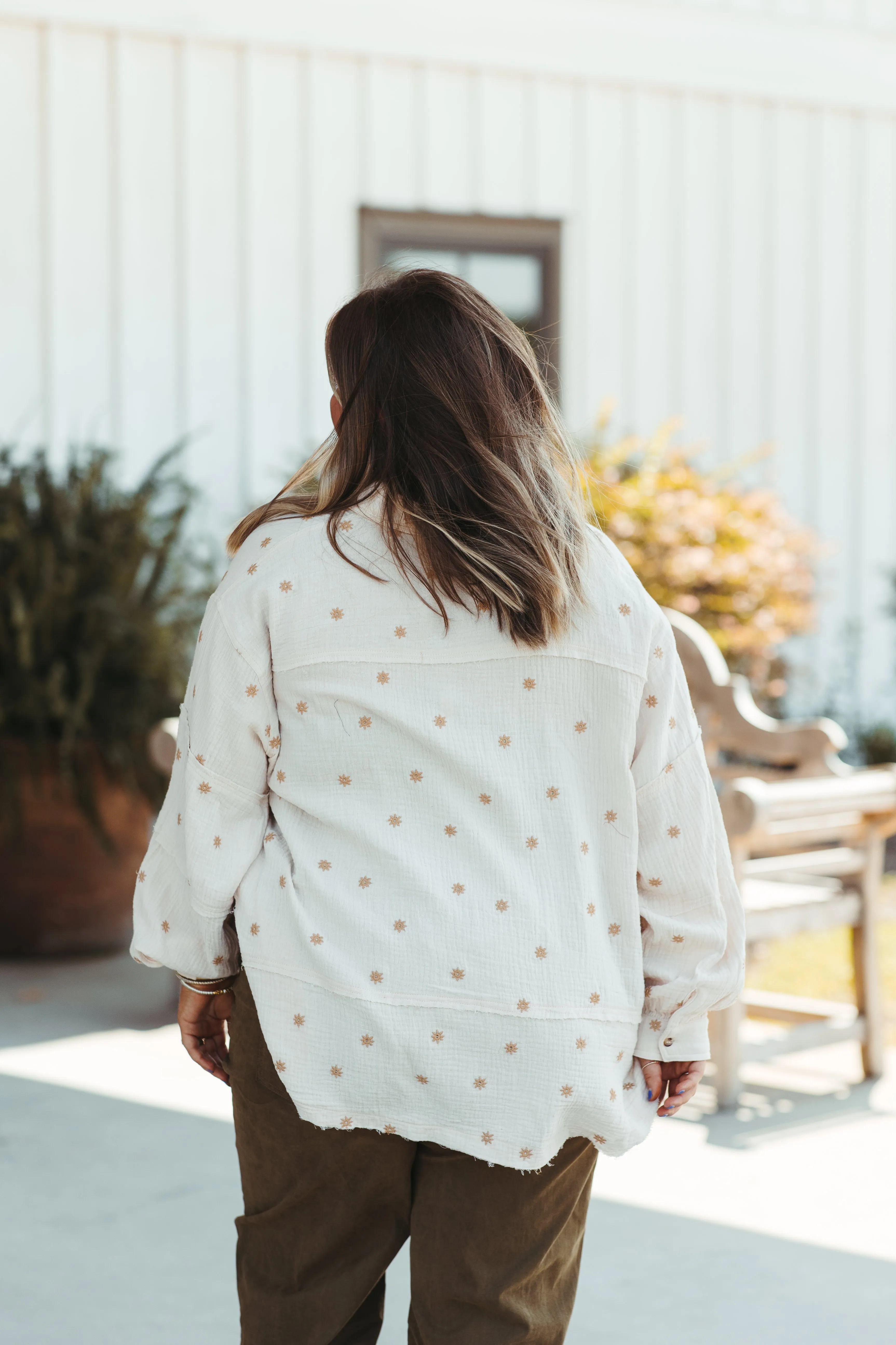 Cream Daisy Embroidered Gauze Button Down Shirt