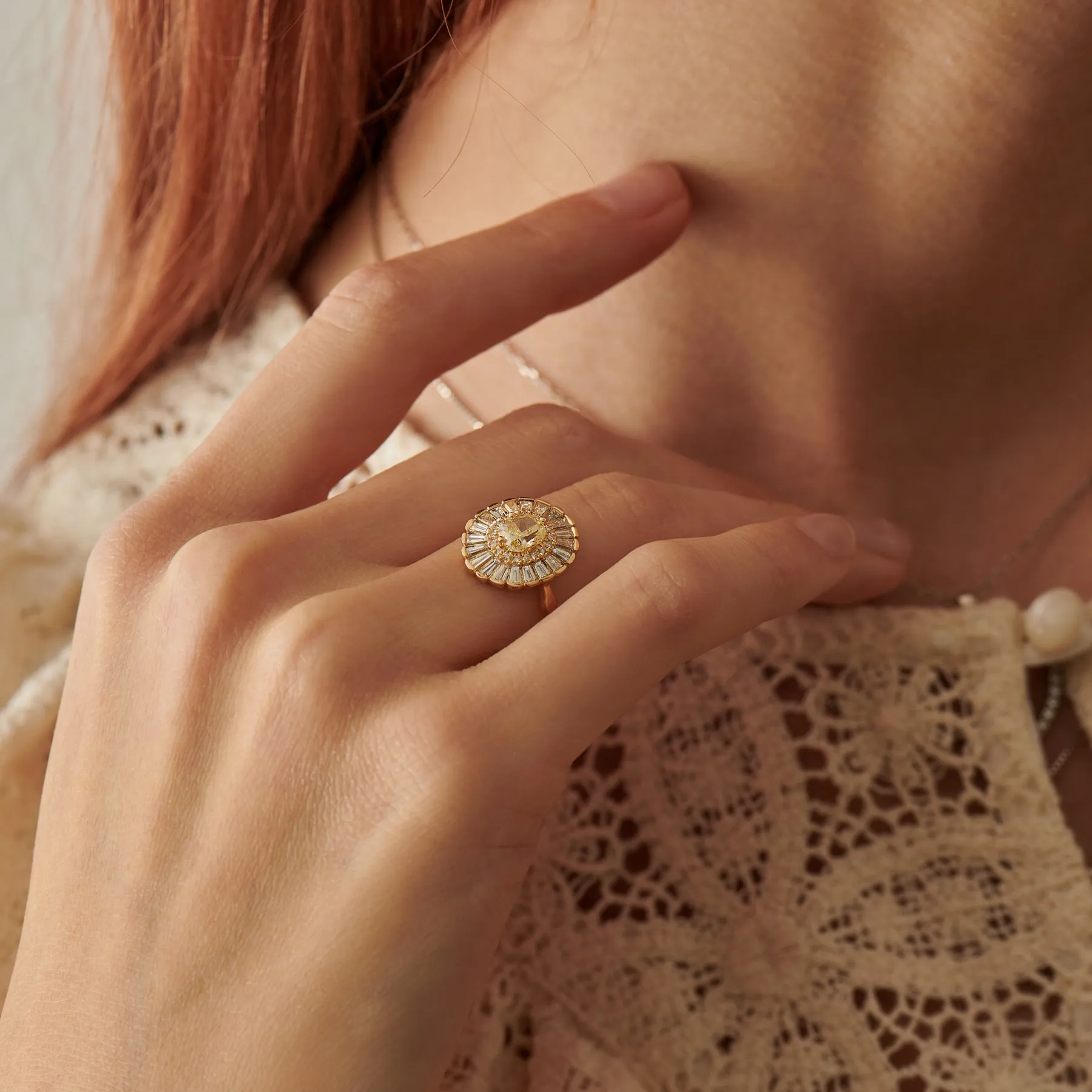 Daisy Engagement Ring - Fancy Yellow Diamond and Baguette Diamond Ring