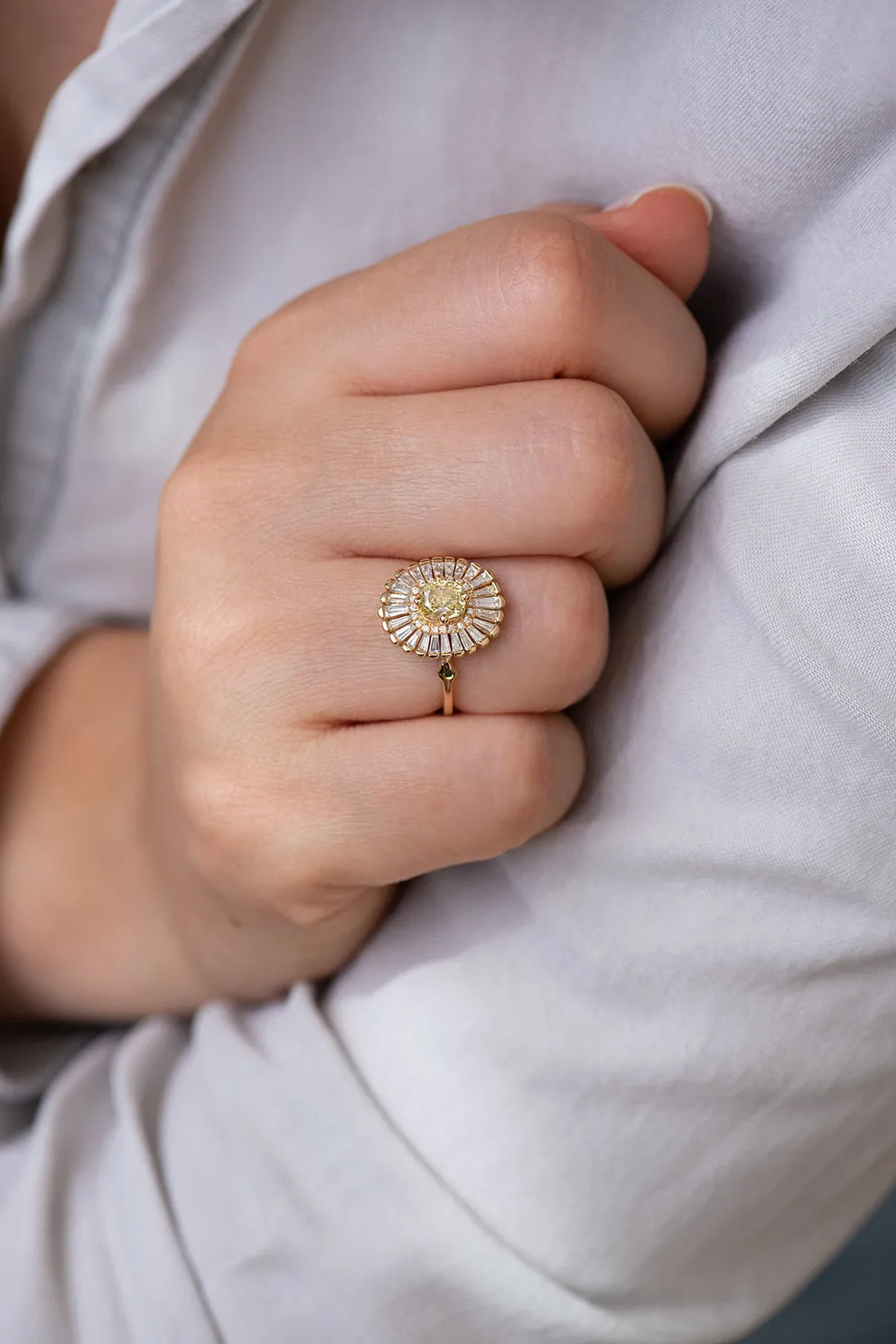 Daisy Engagement Ring - Fancy Yellow Diamond and Baguette Diamond Ring