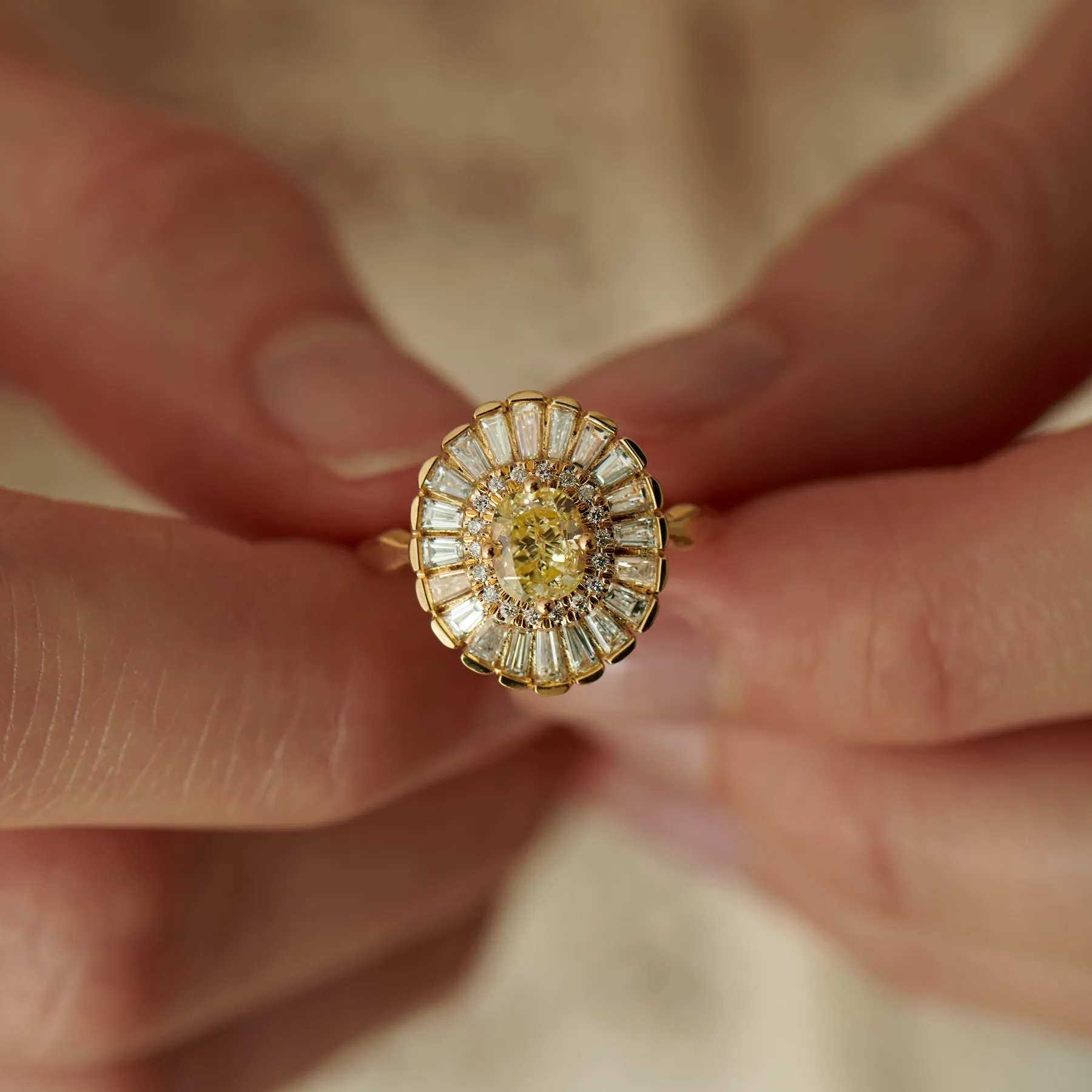 Daisy Engagement Ring - Fancy Yellow Diamond and Baguette Diamond Ring