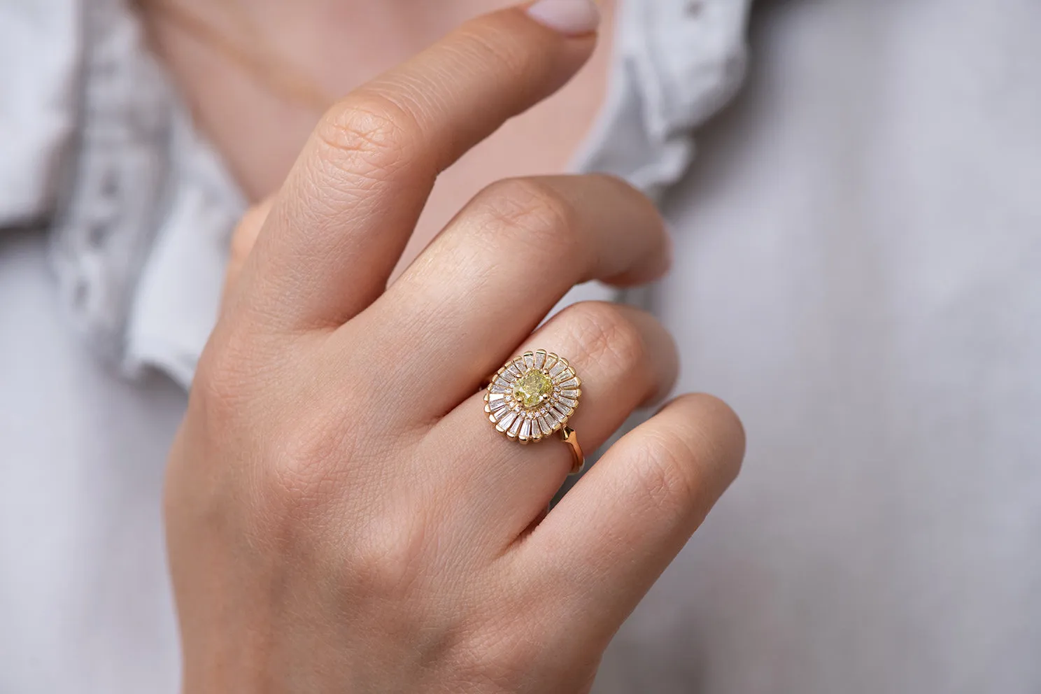 Daisy Engagement Ring - Fancy Yellow Diamond and Baguette Diamond Ring