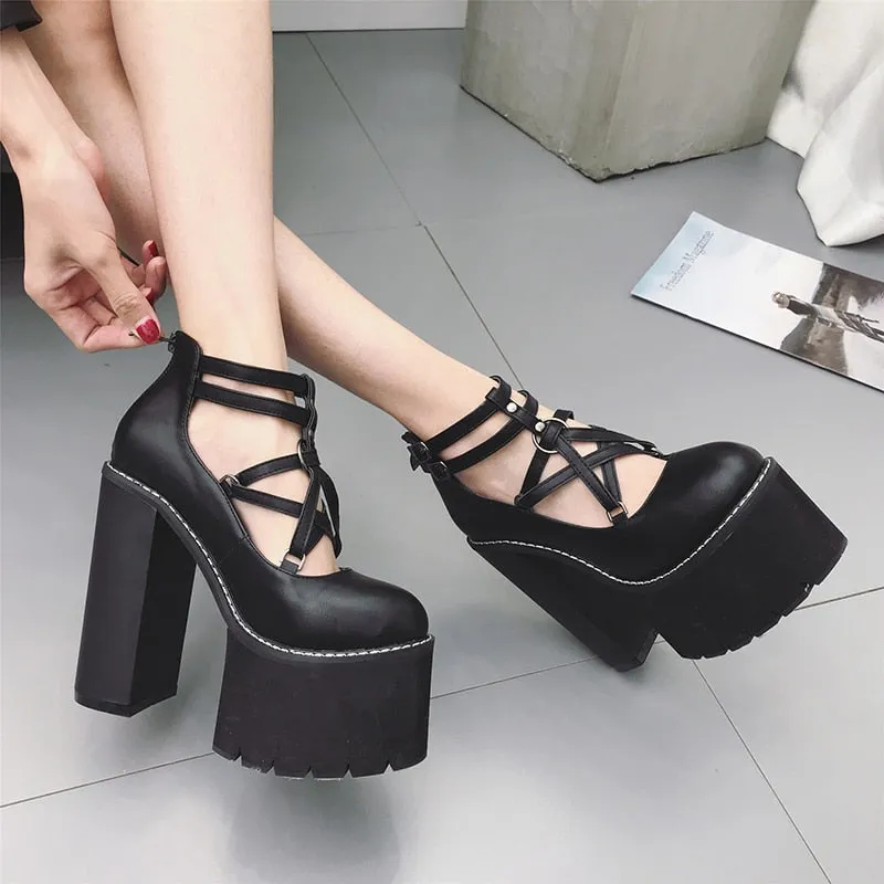 Fashion Women Pumps High Heels Zipper Rubber Sole Black Platform Shoes Spring Autumn Leather Shoes Female Gothic Pentagon