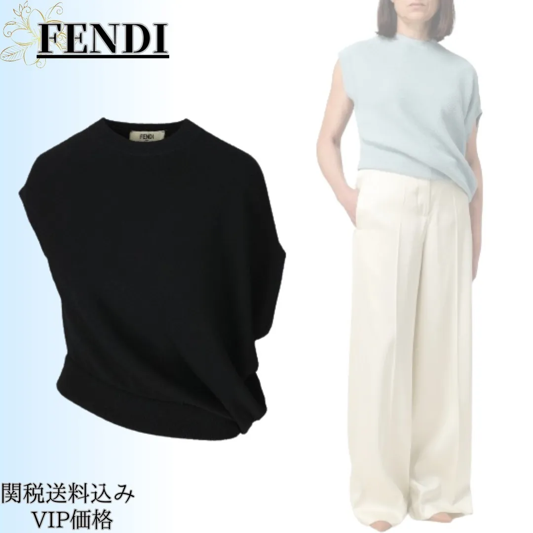 FENDI  |Crew Neck Casual Style Blended Fabrics Plain Office Style