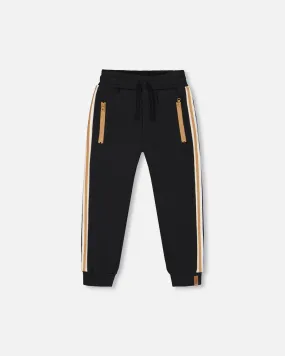 Fleece Sweatpants With Contrast Side Rib Black