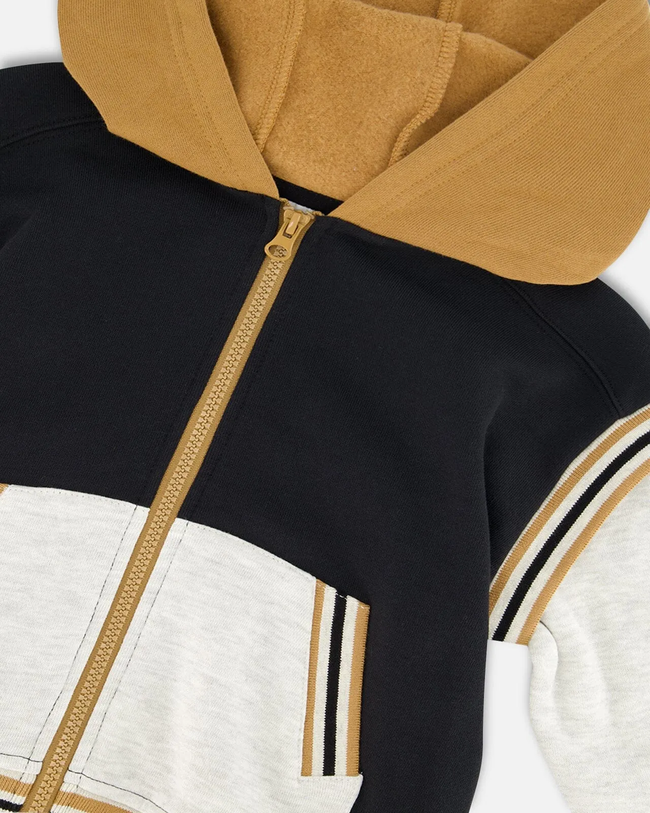 Full Zip Hooded Fleece Black And Beige