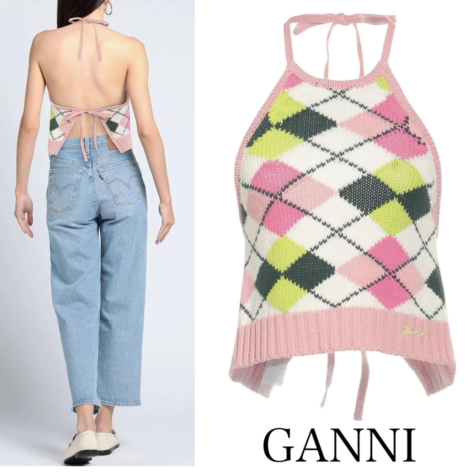 Ganni  |Sleeveless Halter Neck Cotton Logo Tanks & Camisoles