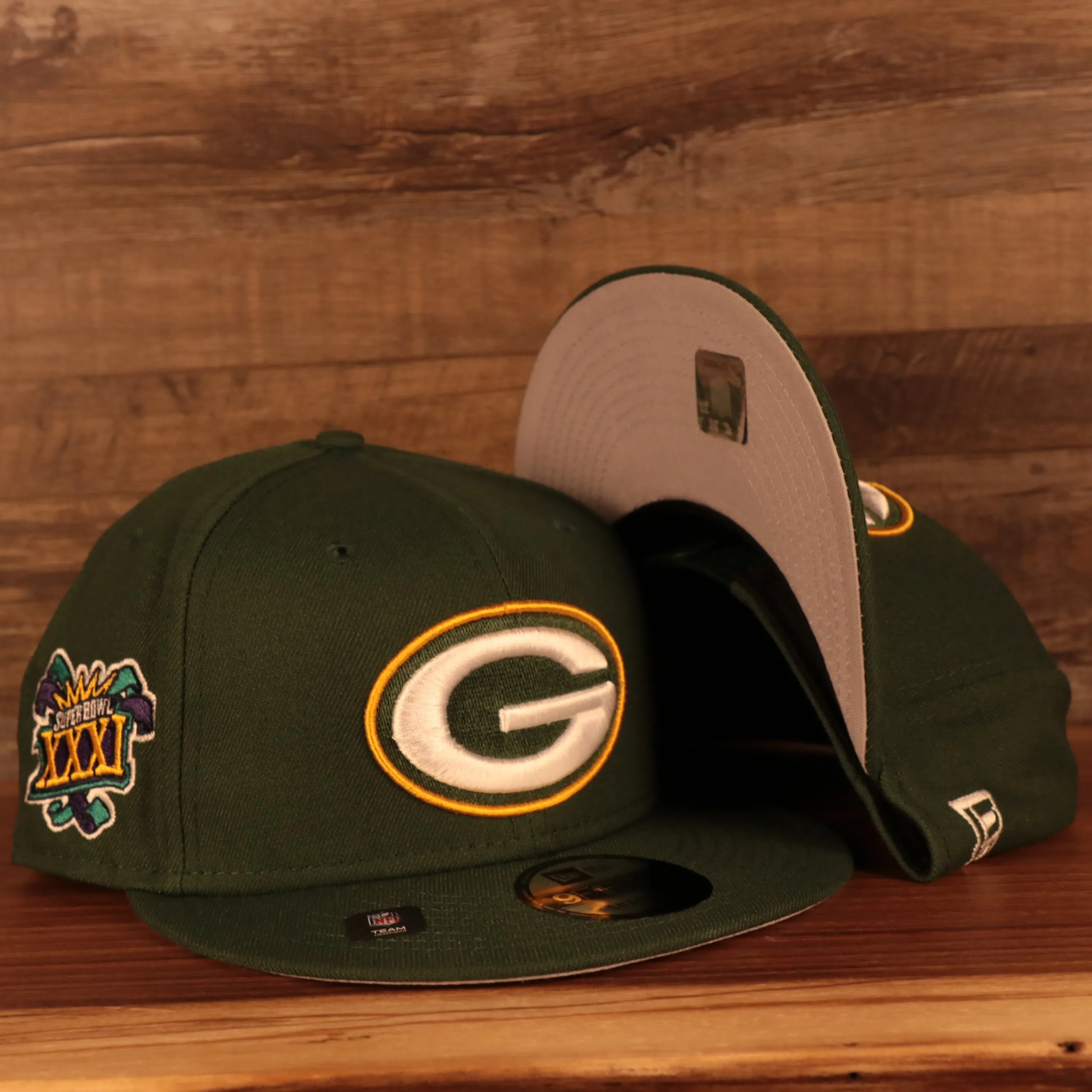 Green Bay Packers Patch Up Super Bowl XXXI Side Patch Gray Bottom 9Fifty Navy Snapback Hat